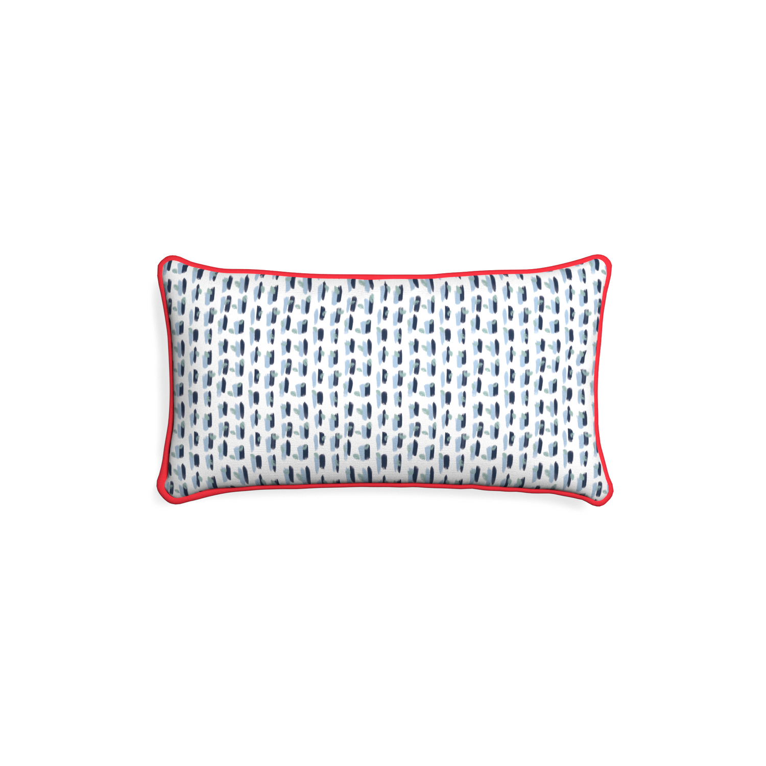Petite-lumbar poppy custom blue and whitepillow with cherry piping on white background