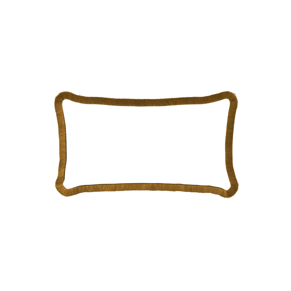 Petite-lumbar ruby moss custom pillow with copper fringe on white background