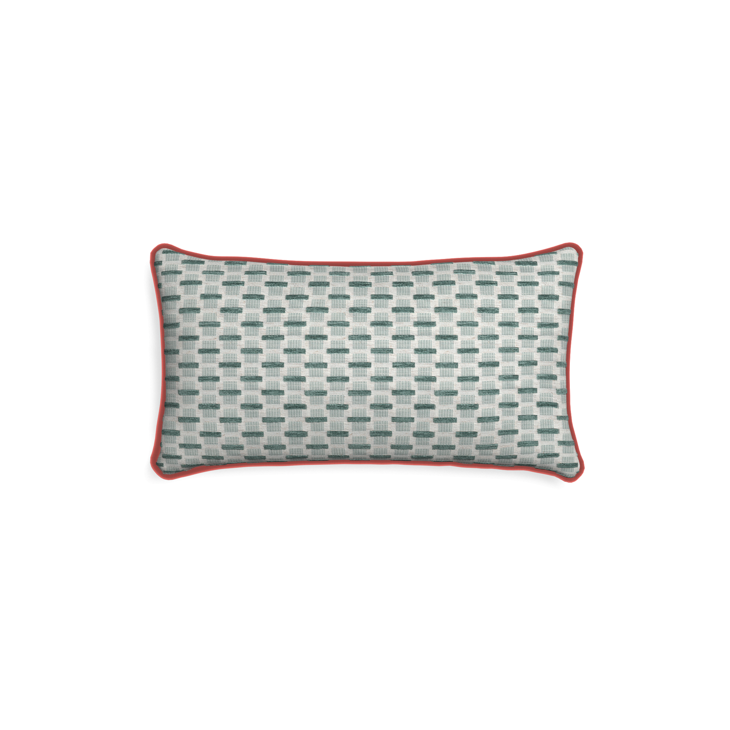 Petite-lumbar willow mint custom green geometric chenillepillow with c piping on white background