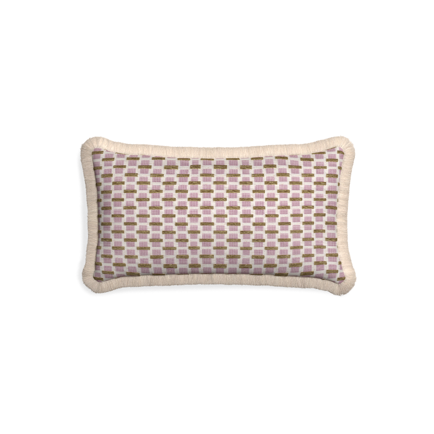 Petite-lumbar willow orchid custom pink geometric chenillepillow with cream fringe on white background