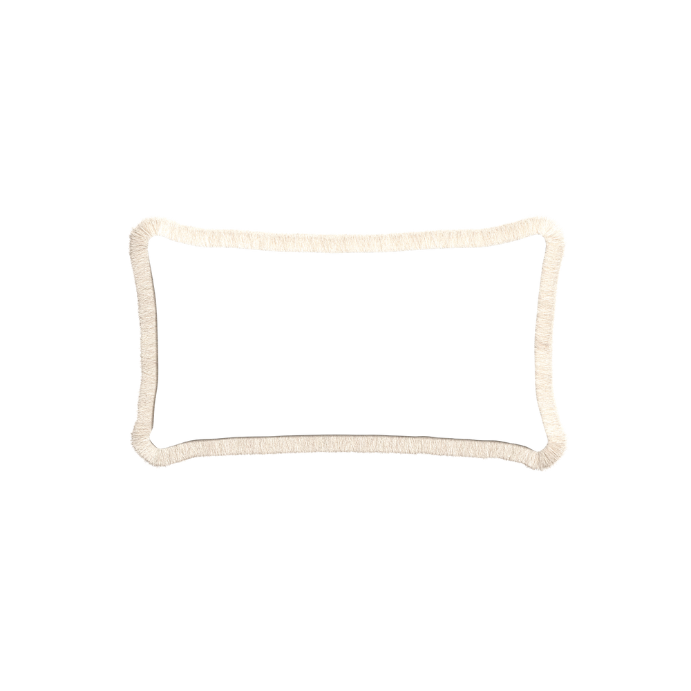 Petite-lumbar ruby moss custom pillow with cream fringe on white background