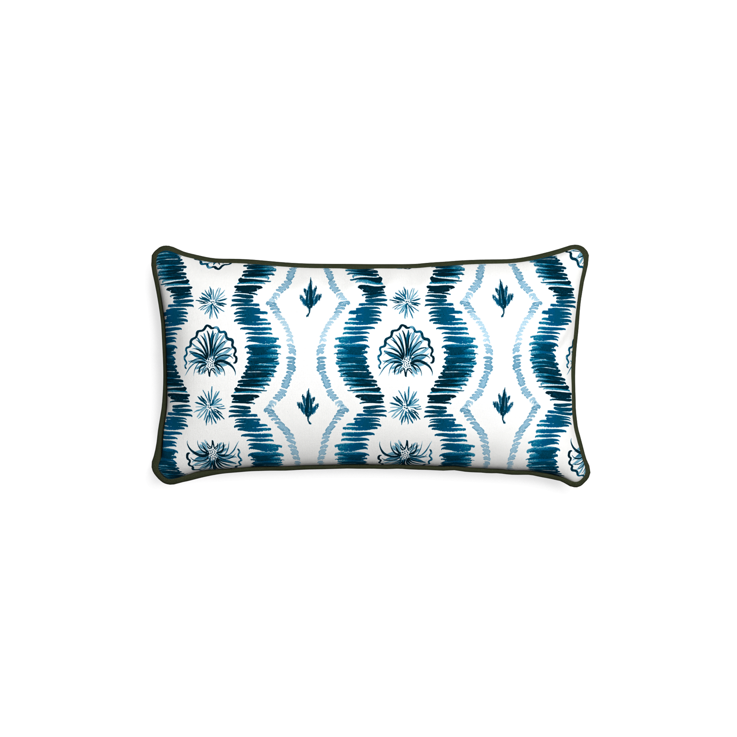 Petite-lumbar alice custom blue ikatpillow with f piping on white background
