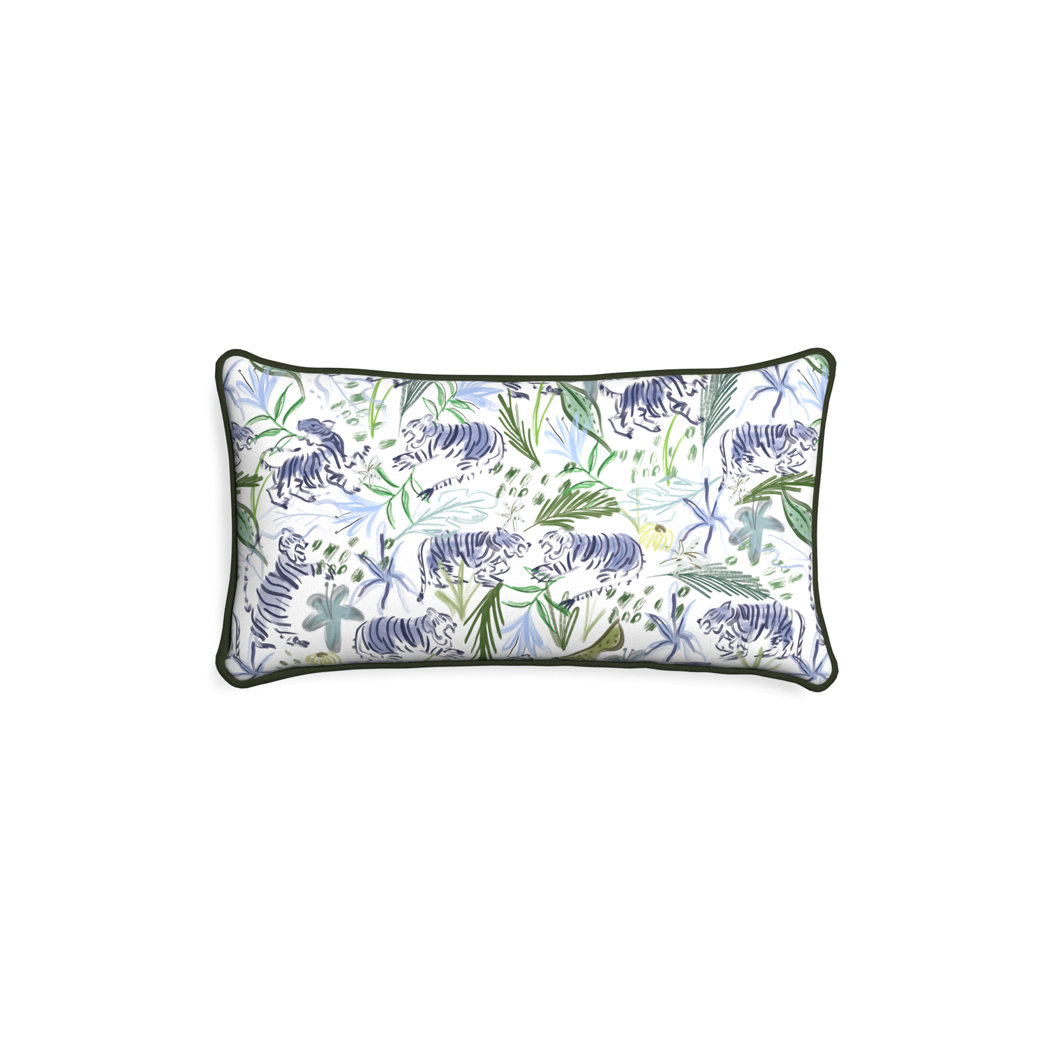Petite-lumbar frida green custom green tigerpillow with f piping on white background