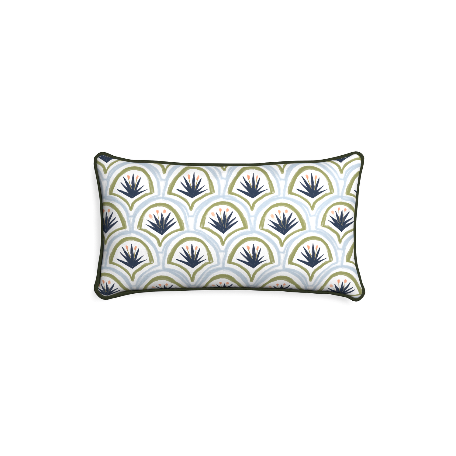 Petite-lumbar thatcher midnight custom art deco palm patternpillow with f piping on white background
