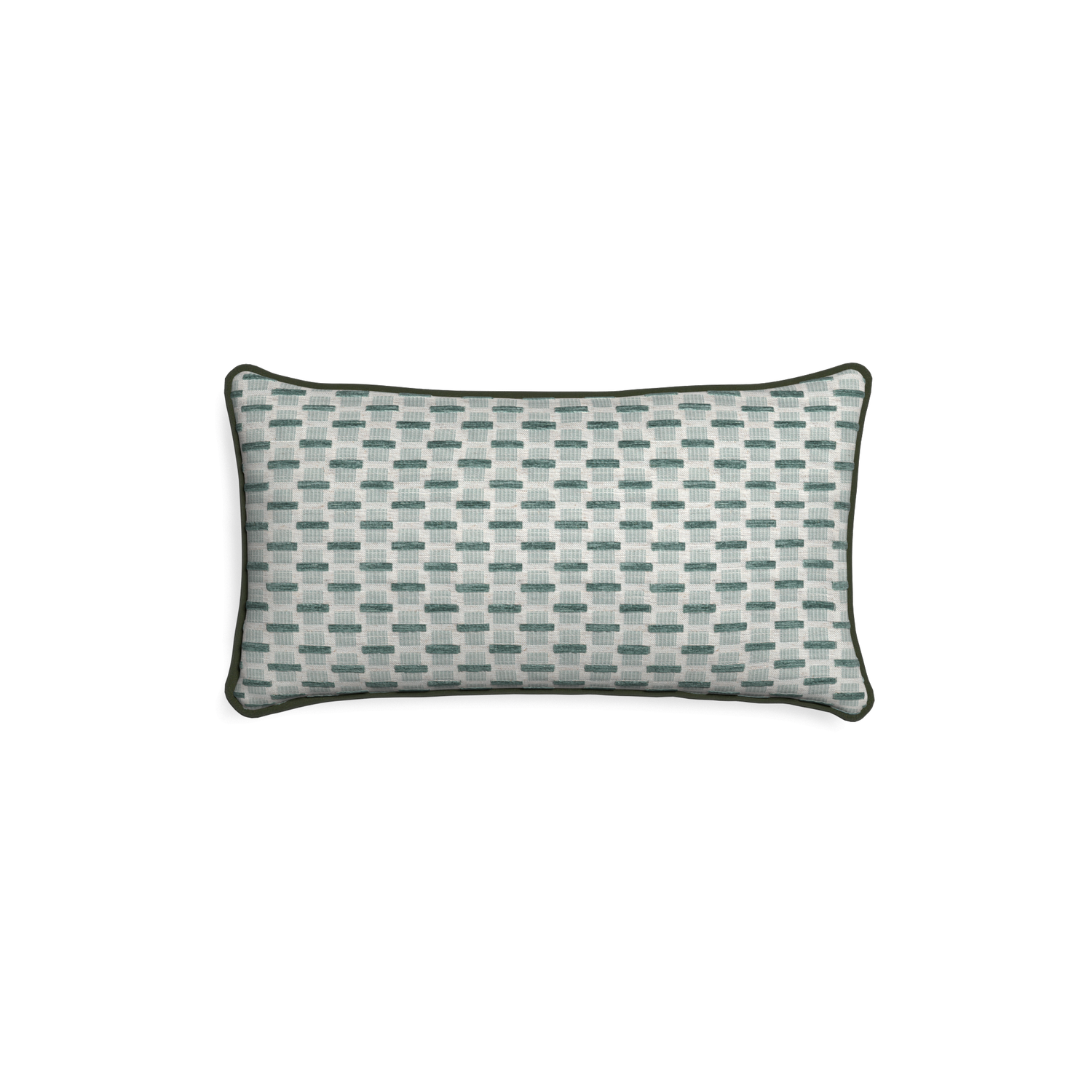 Petite-lumbar willow mint custom green geometric chenillepillow with f piping on white background
