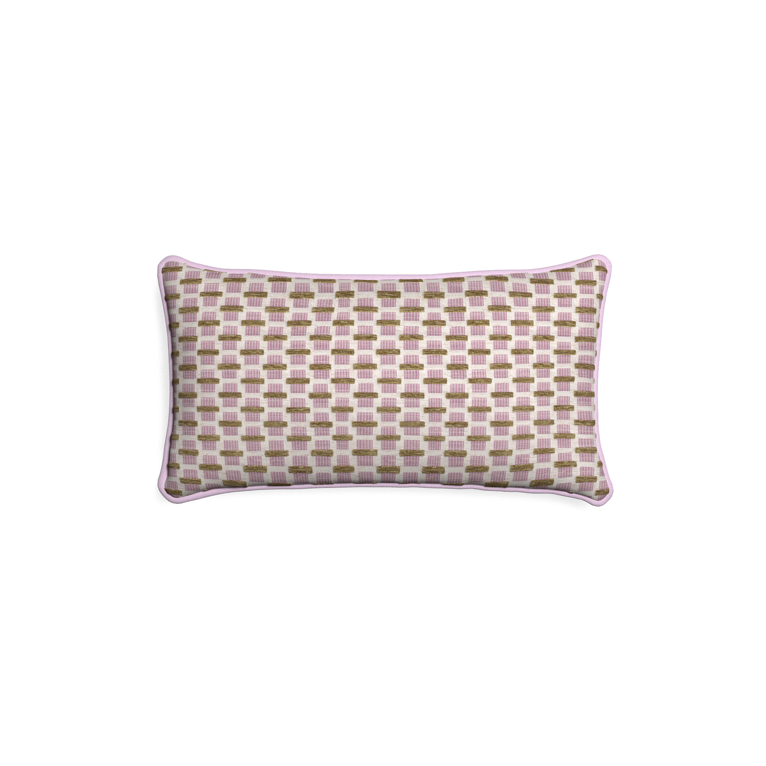 Petite-lumbar willow orchid custom pink geometric chenillepillow with l piping on white background