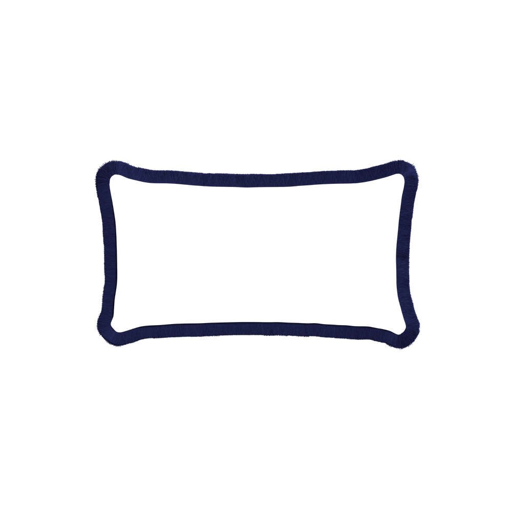 Petite-lumbar ruby moss custom pillow with midnight fringe on white background