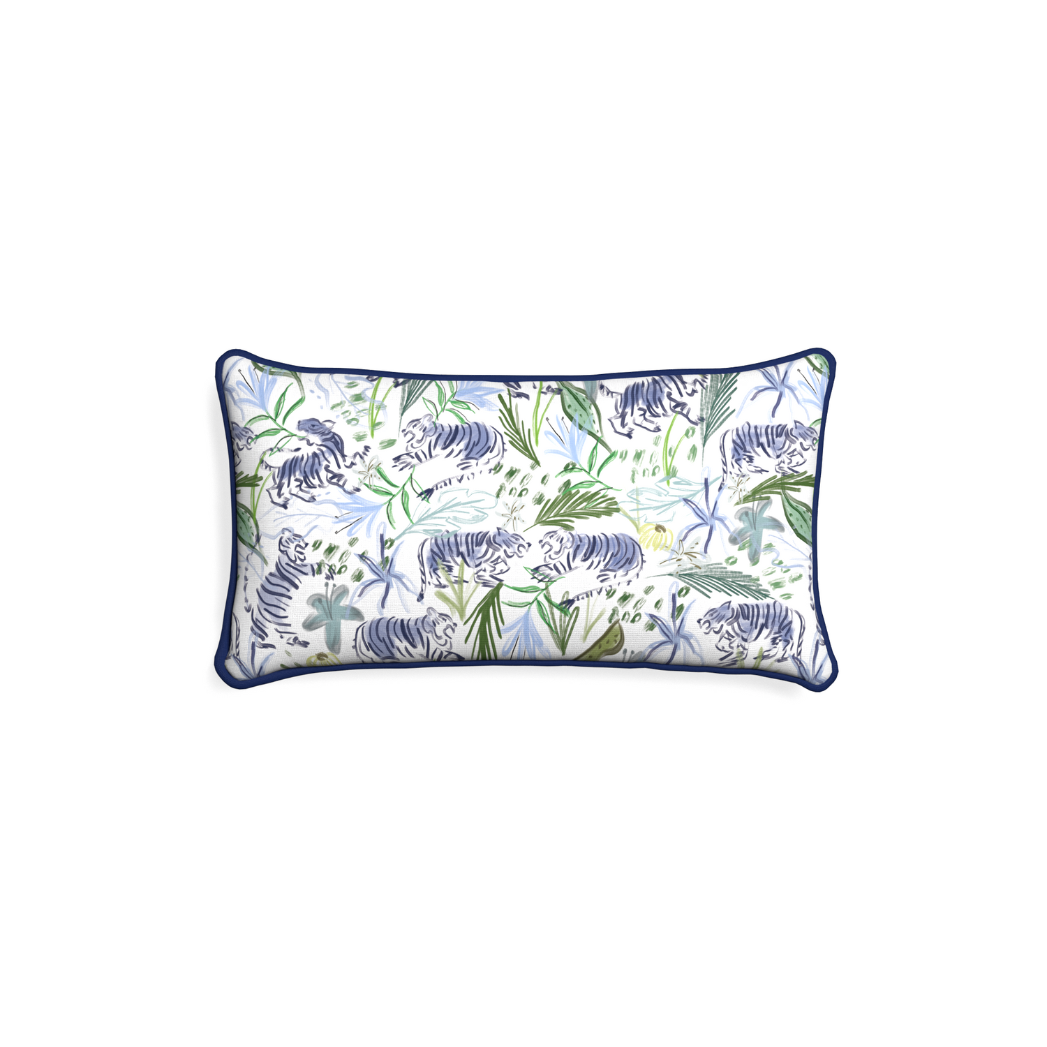 Petite-lumbar frida green custom green tigerpillow with midnight piping on white background
