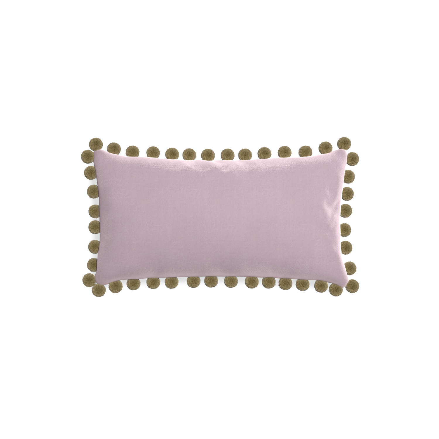 rectangle lilac velvet pillow with olive green pom poms 