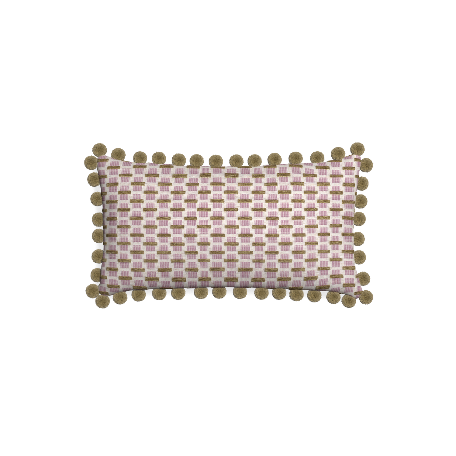Petite-lumbar willow orchid custom pink geometric chenillepillow with olive pom pom on white background