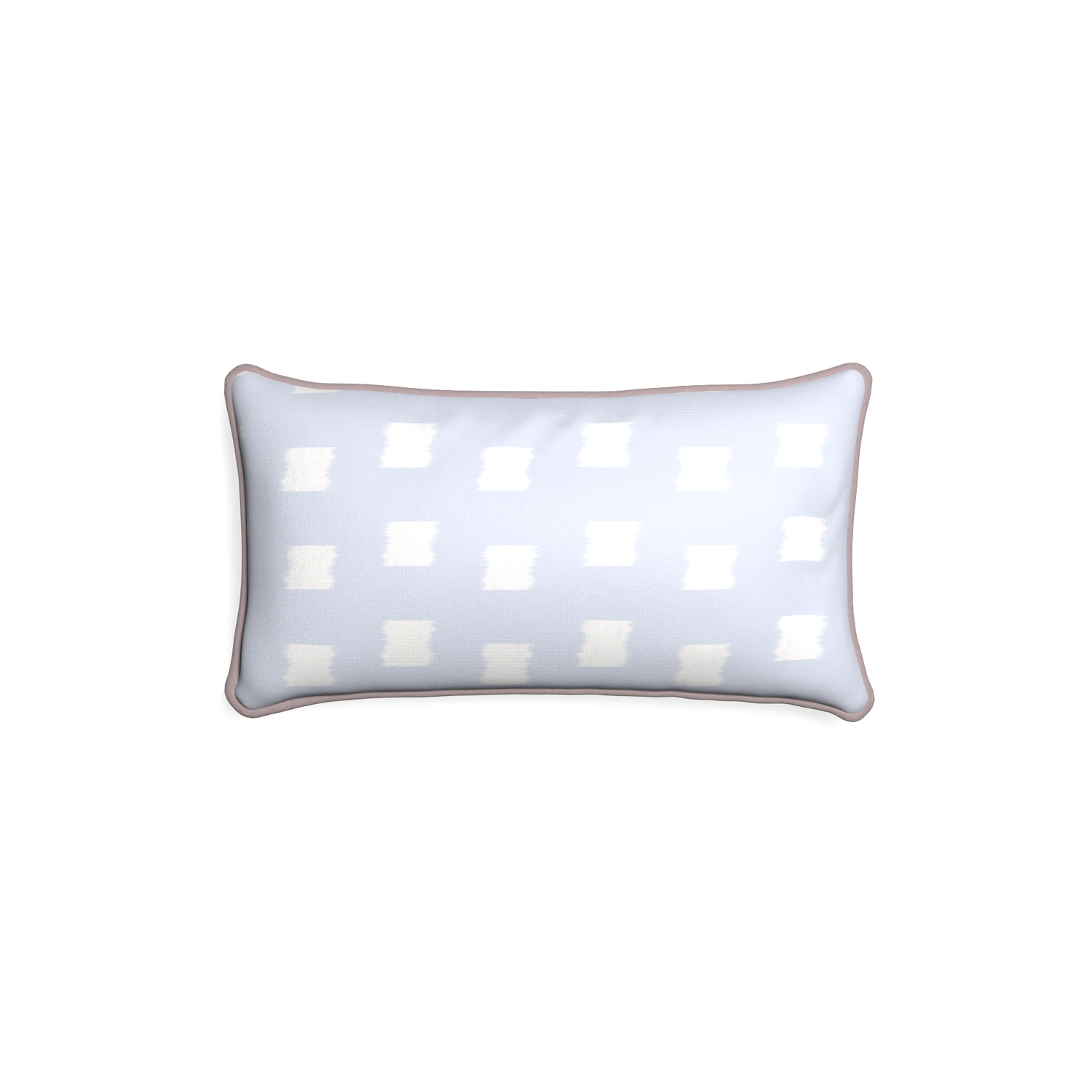 Petite-lumbar denton custom sky blue patternpillow with orchid piping on white background