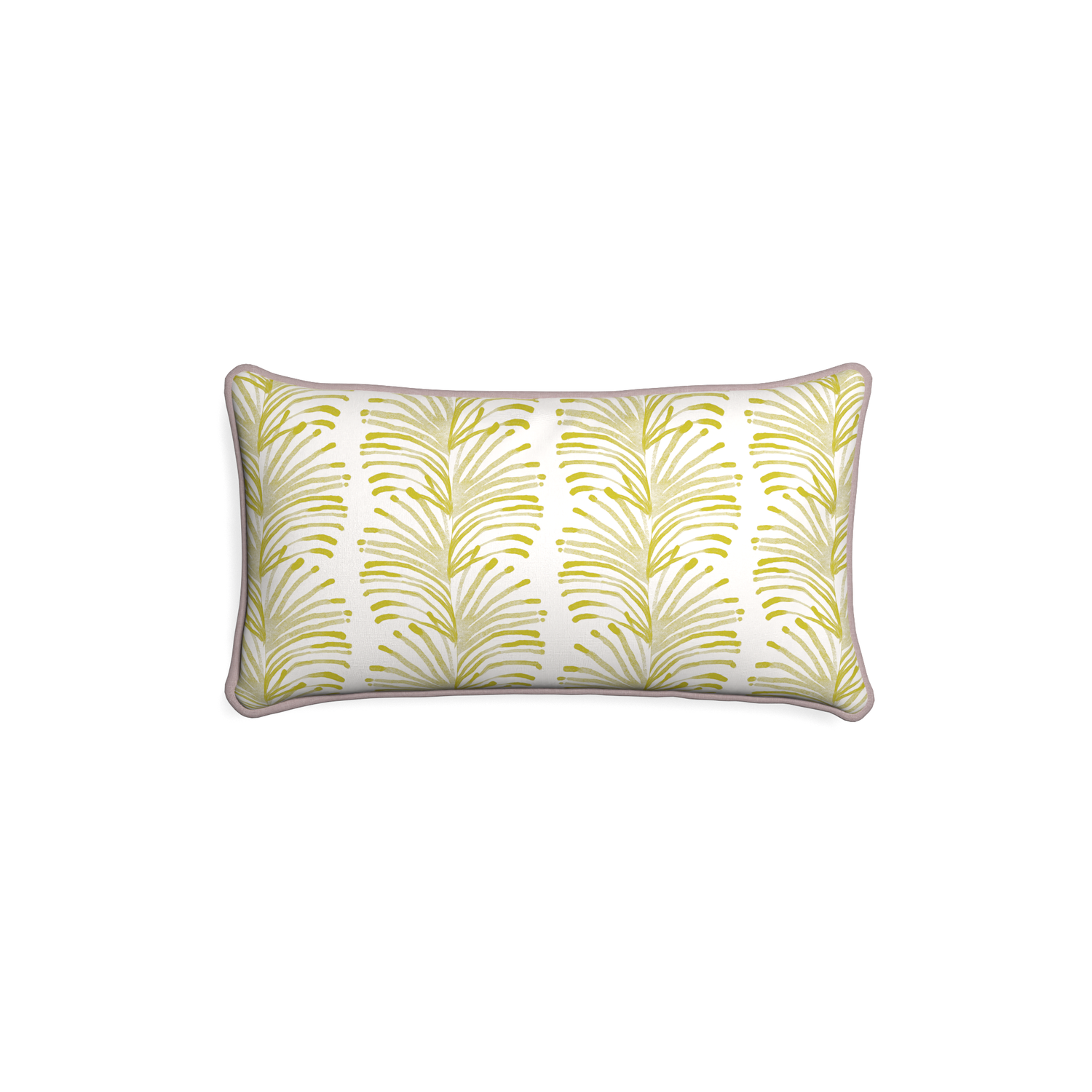 Petite-lumbar emma chartreuse custom yellow stripe chartreusepillow with orchid piping on white background