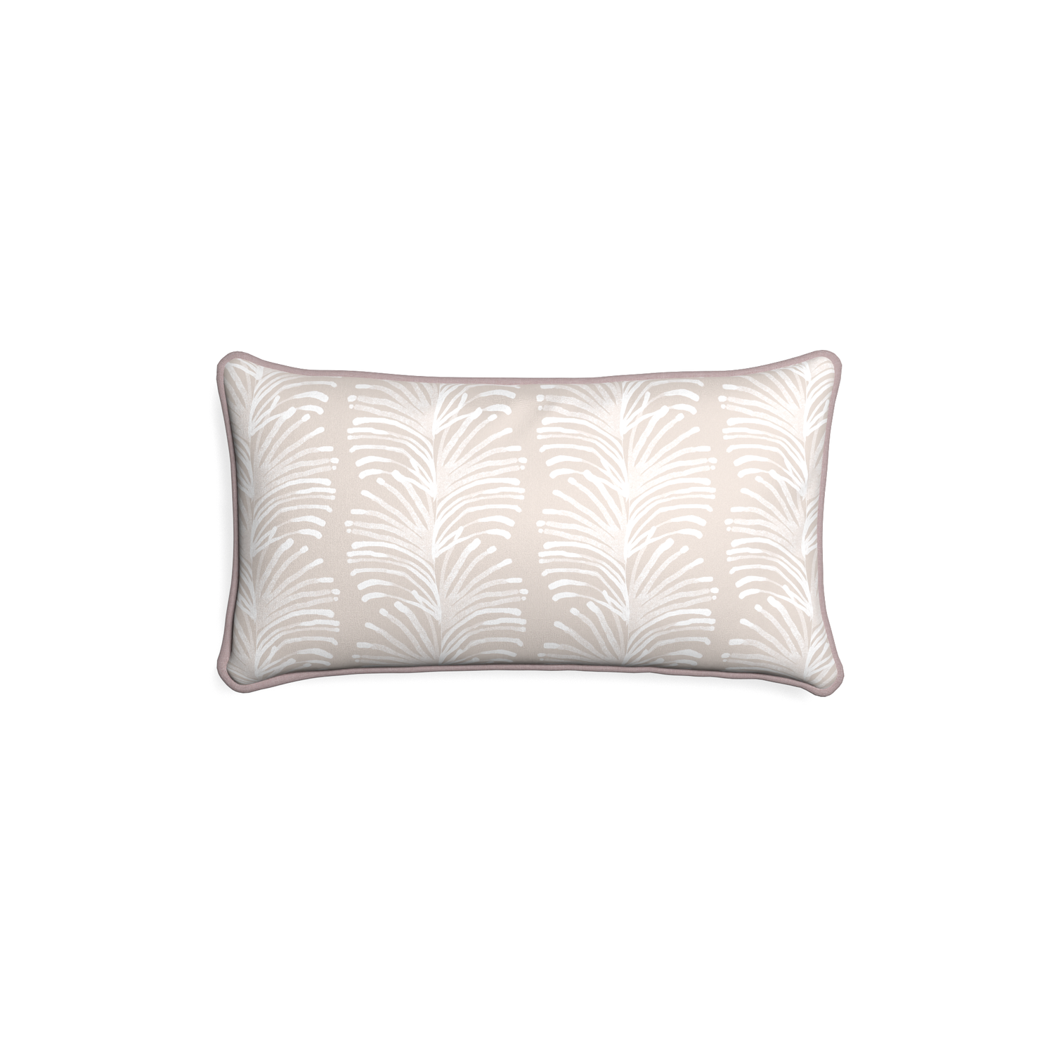 Petite-lumbar emma sand custom sand colored botanical stripepillow with orchid piping on white background