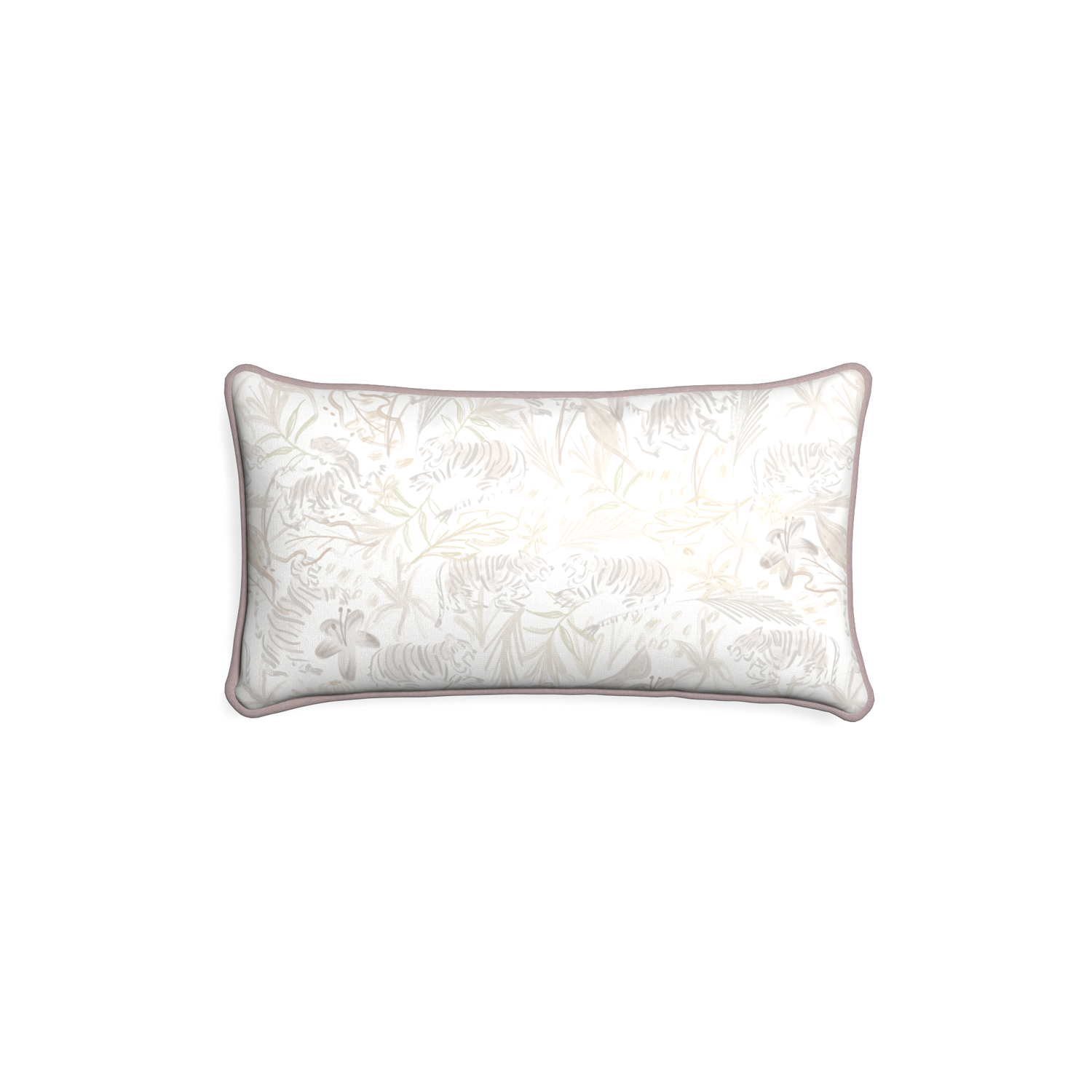 Petite-lumbar frida sand custom beige chinoiserie tigerpillow with orchid piping on white background