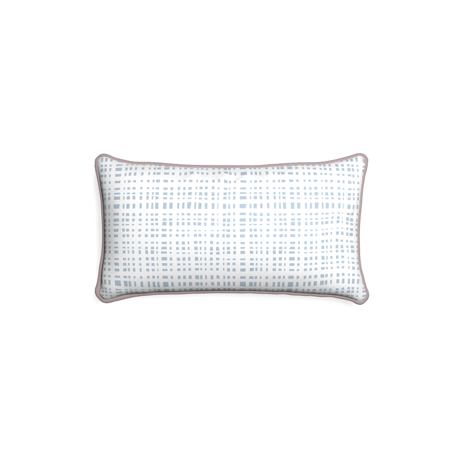 Petite-lumbar ginger custom plaid sky bluepillow with orchid piping on white background