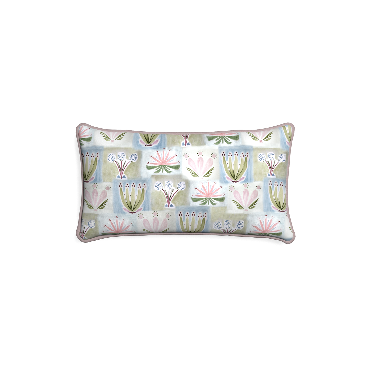 Petite-lumbar harper custom hand-painted floralpillow with orchid piping on white background