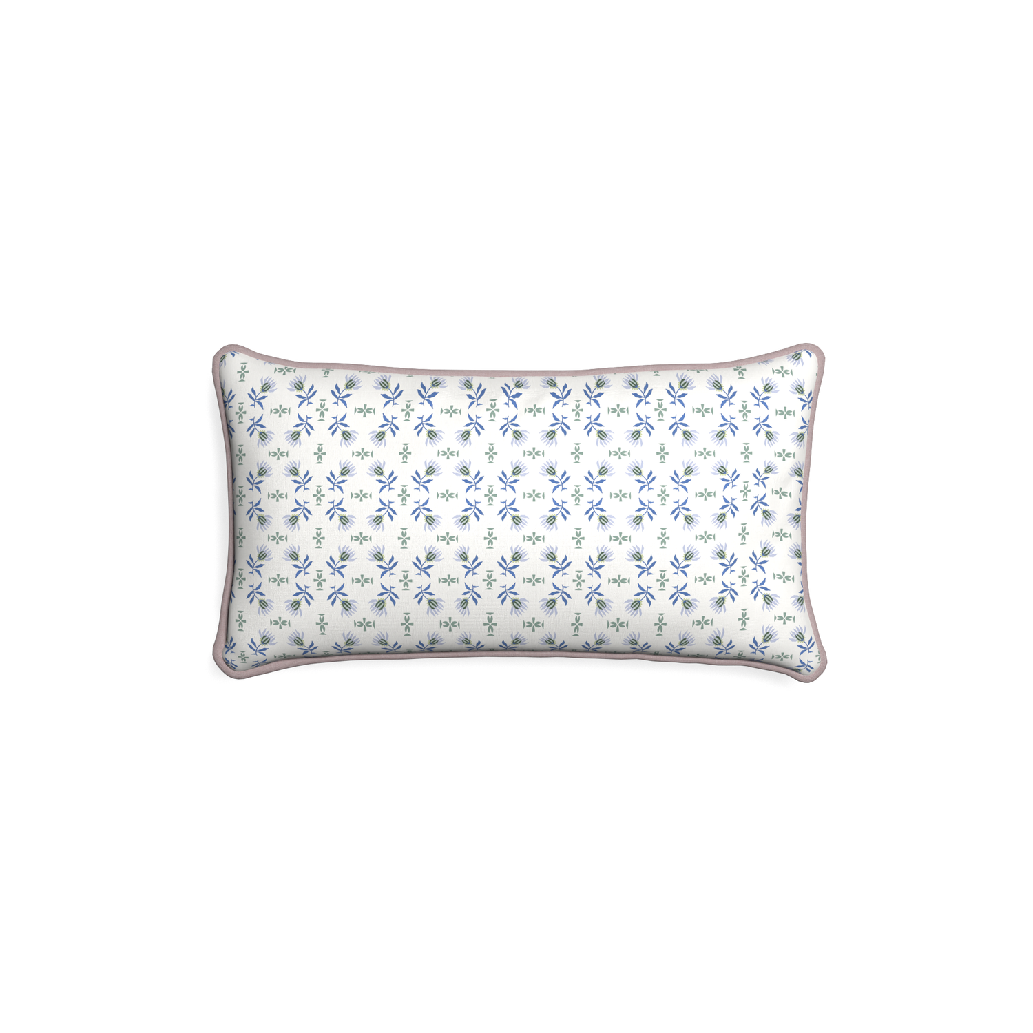 Petite-lumbar lee custom blue & green floralpillow with orchid piping on white background