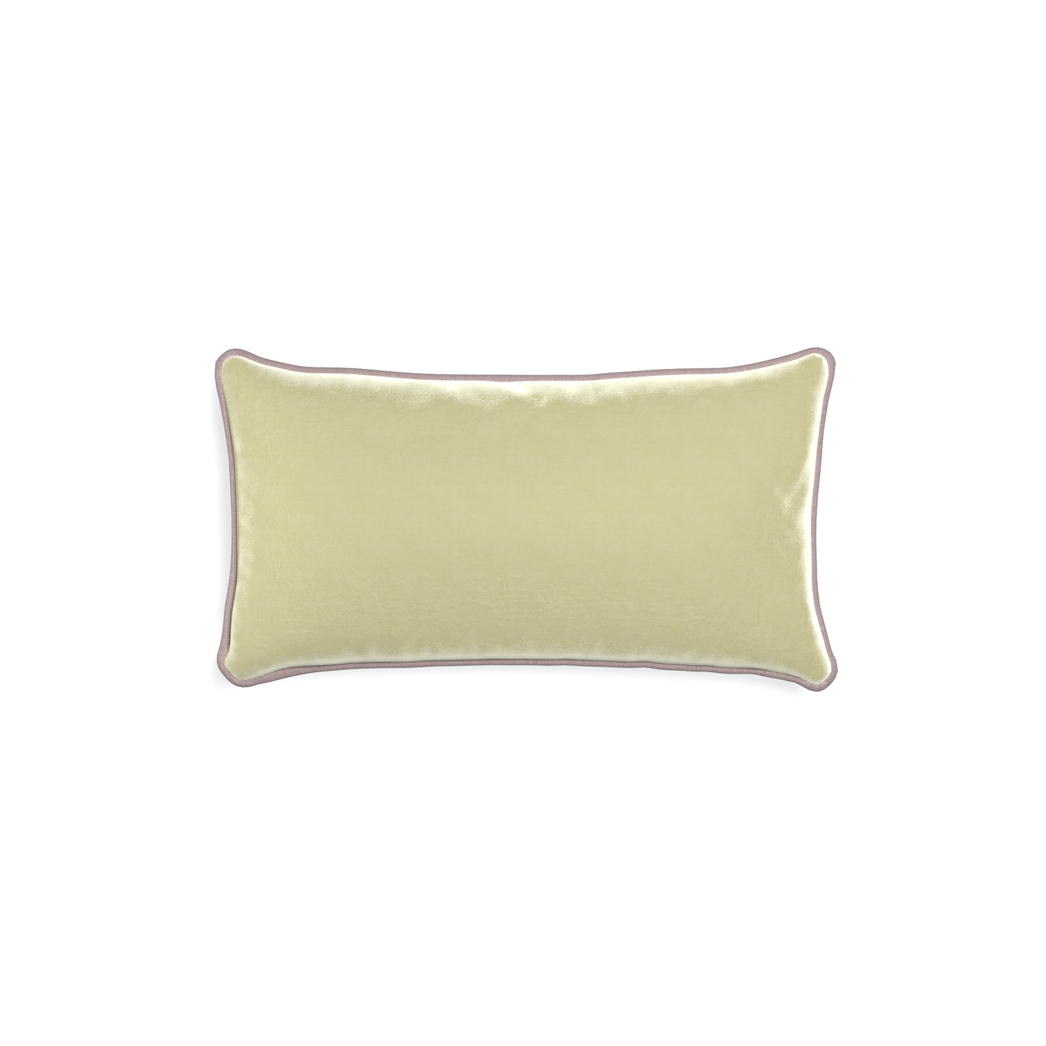 Petite-lumbar pear velvet custom light greenpillow with orchid piping on white background