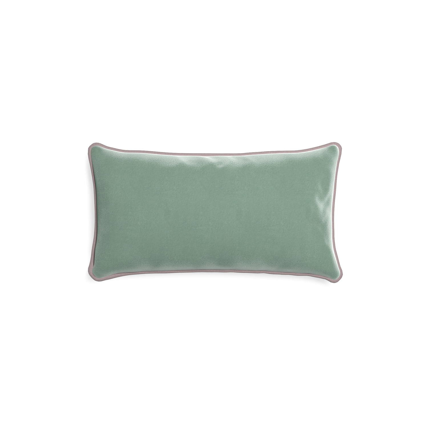 Petite-lumbar sea salt velvet custom blue greenpillow with orchid piping on white background