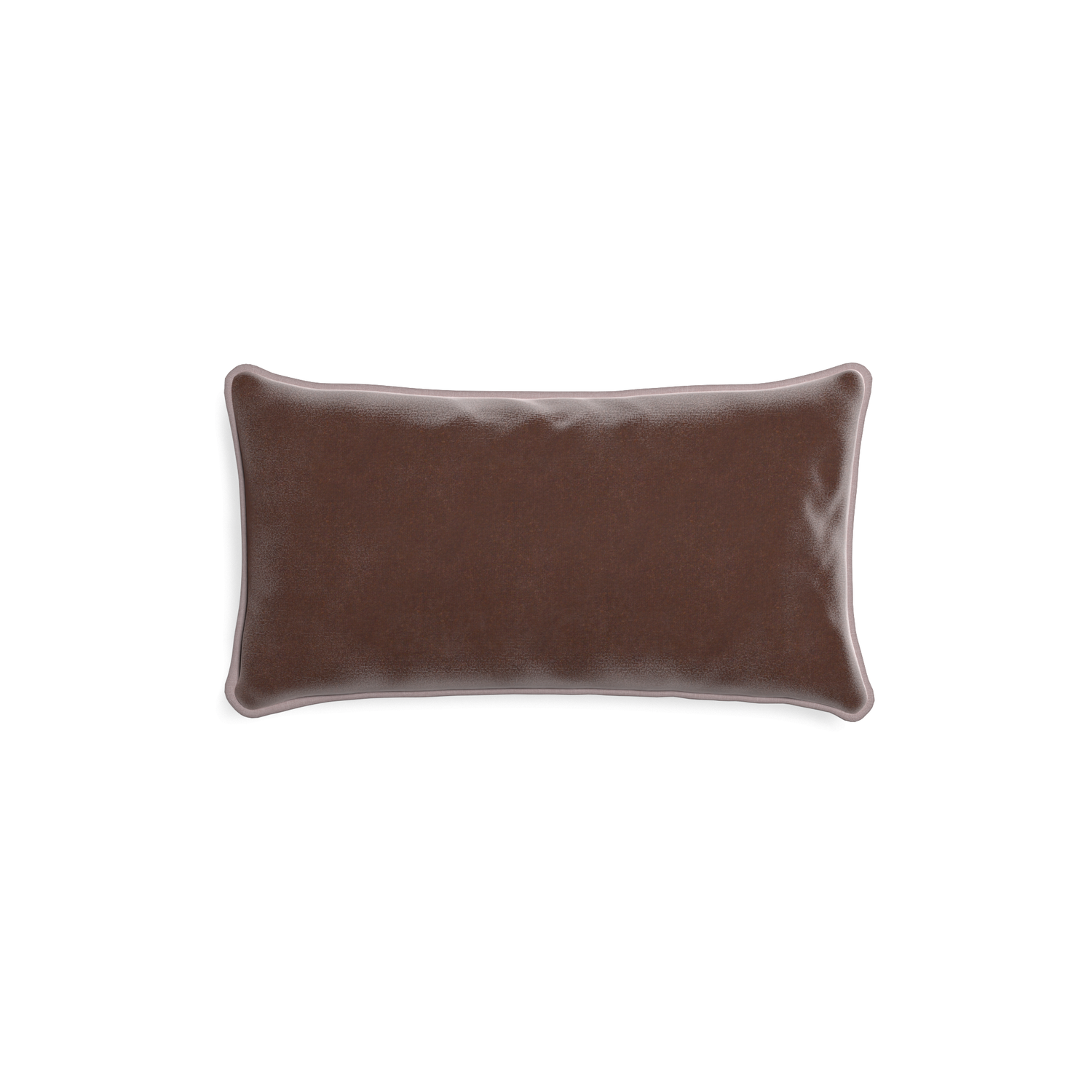 Petite-lumbar walnut velvet custom brownpillow with orchid piping on white background