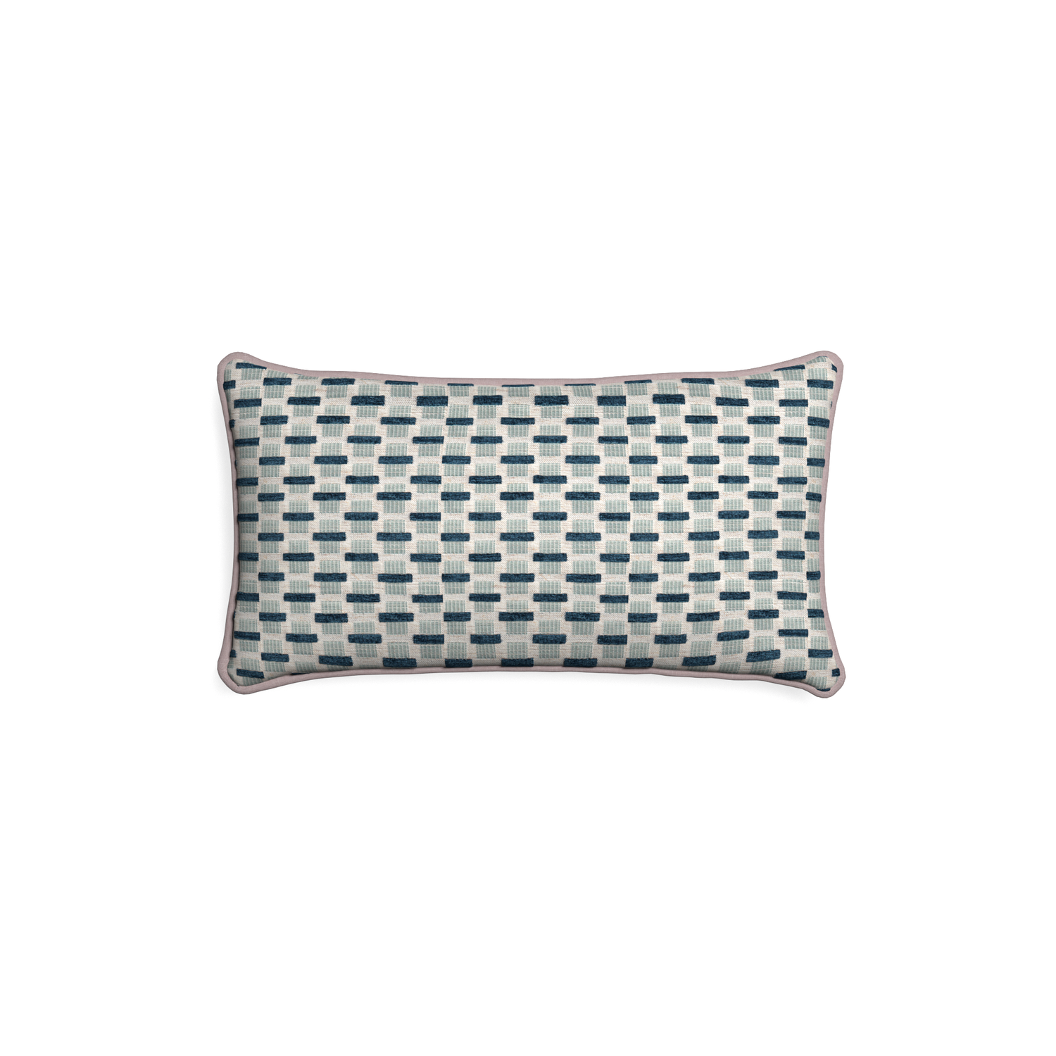 Petite-lumbar willow amalfi custom blue geometric chenillepillow with orchid piping on white background