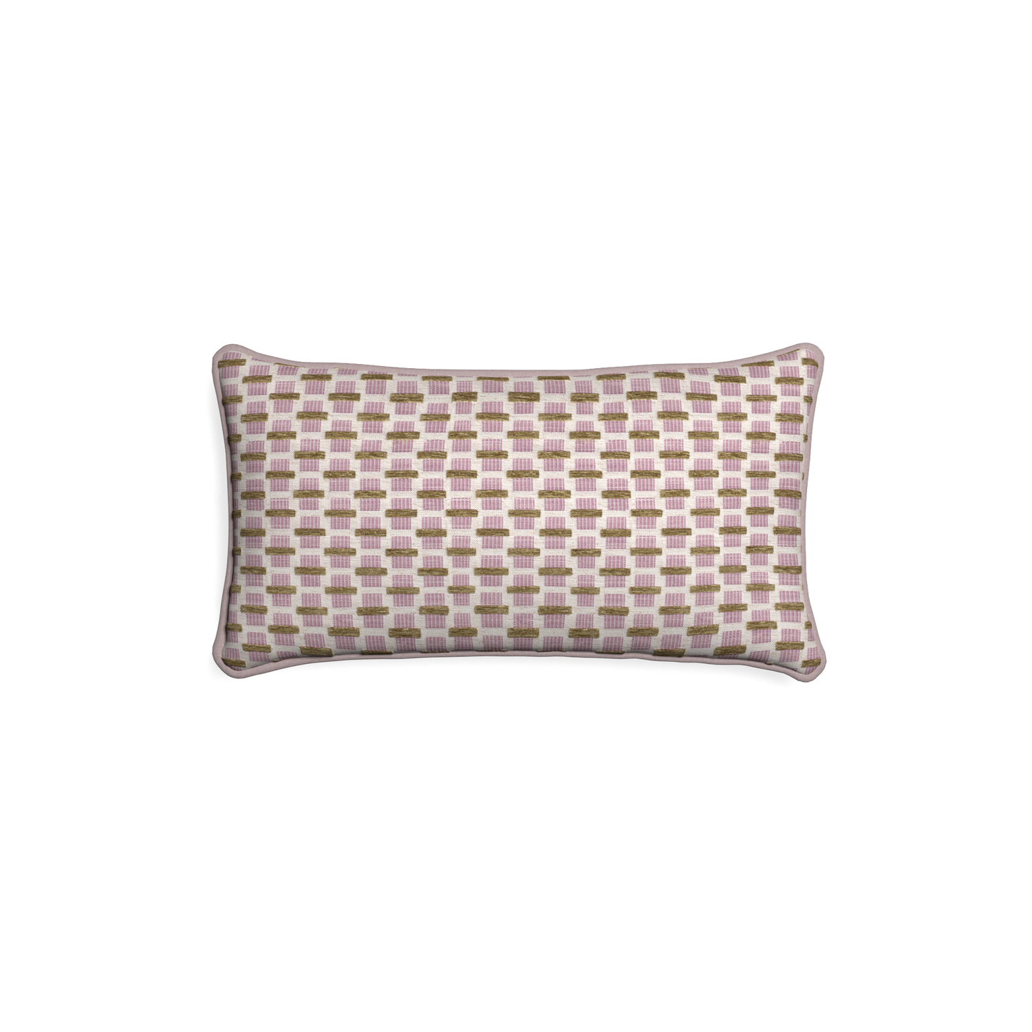 Petite-lumbar willow orchid custom pink geometric chenillepillow with orchid piping on white background