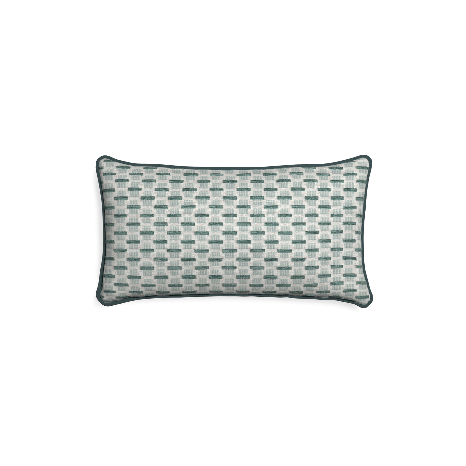 Petite-lumbar willow mint custom green geometric chenillepillow with p piping on white background