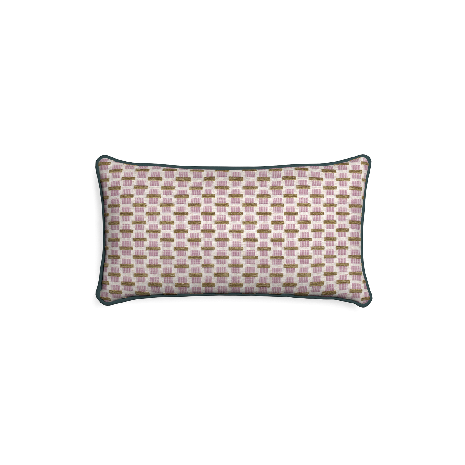 Petite-lumbar willow orchid custom pink geometric chenillepillow with p piping on white background