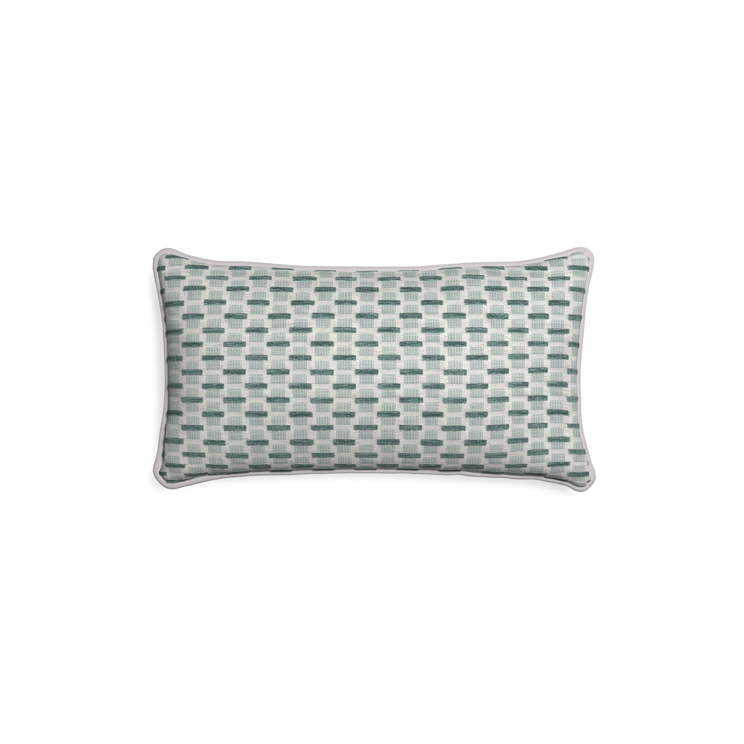 Petite-lumbar willow mint custom green geometric chenillepillow with pebble piping on white background
