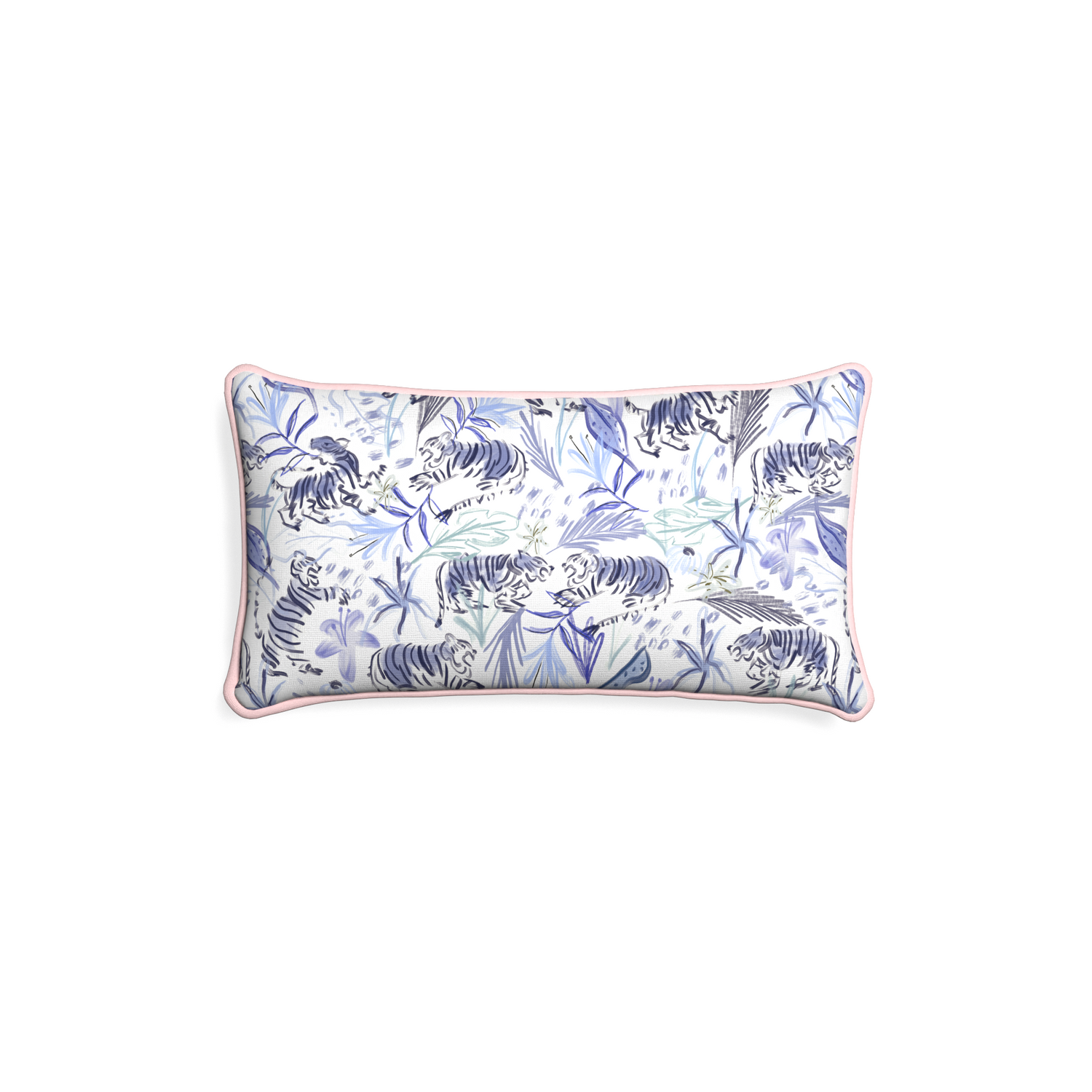 Petite-lumbar frida blue custom blue with intricate tiger designpillow with petal piping on white background