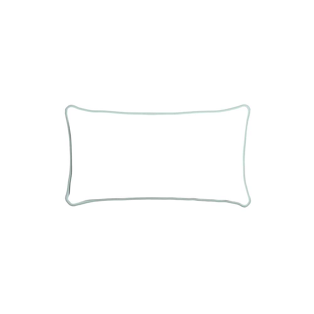 Petite-lumbar ruby moss custom pillow with powder piping on white background