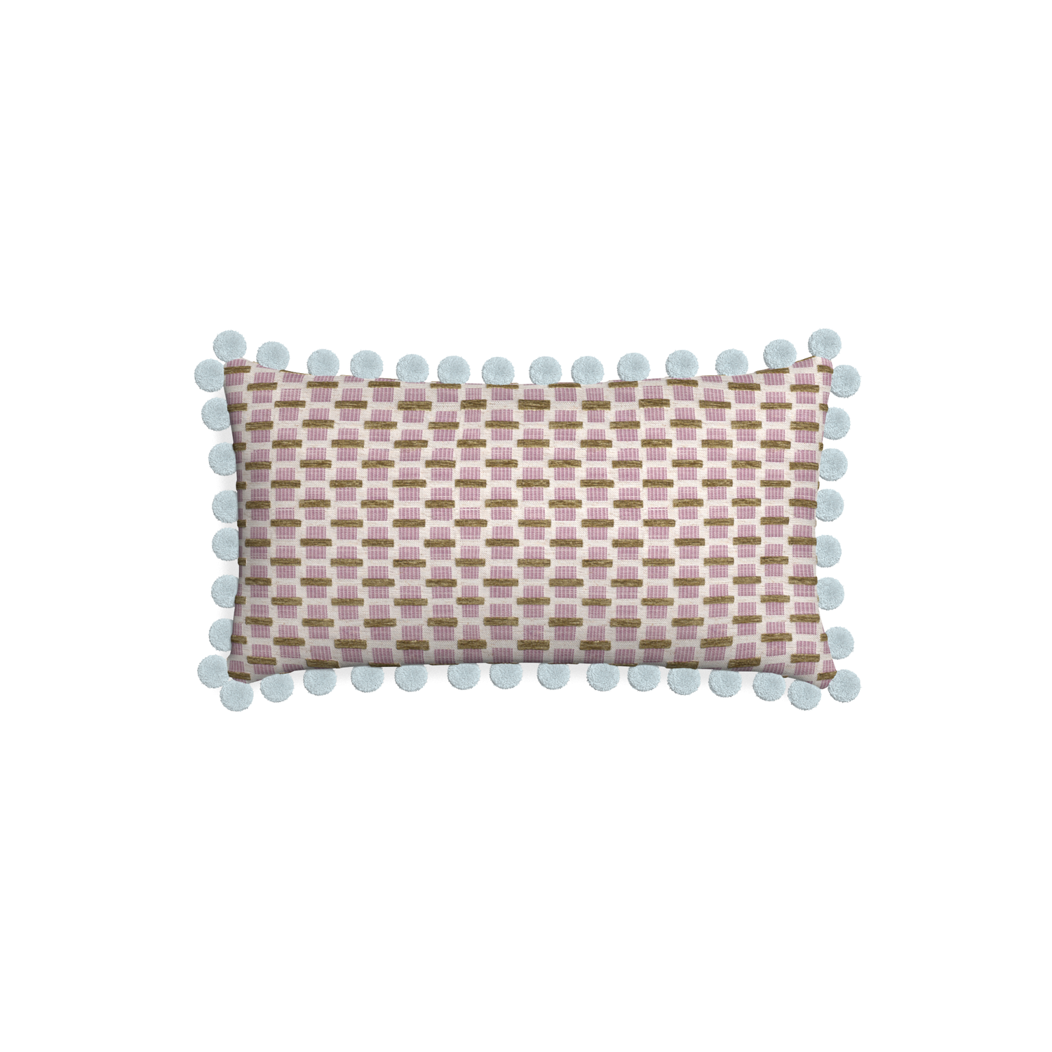 Petite-lumbar willow orchid custom pink geometric chenillepillow with powder pom pom on white background