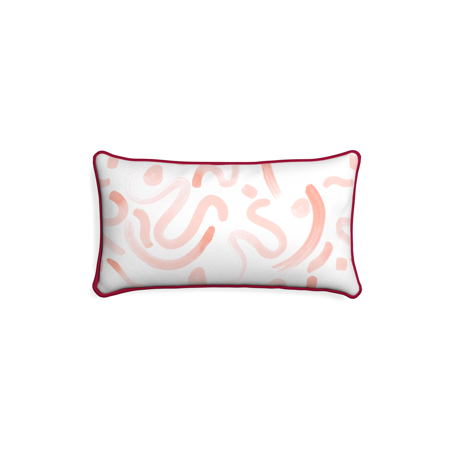 Petite-lumbar hockney pink custom pink graphicpillow with raspberry piping on white background