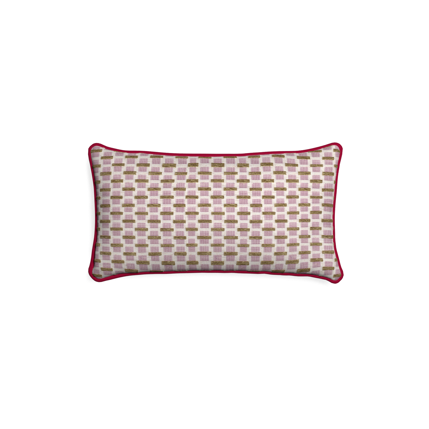Petite-lumbar willow orchid custom pink geometric chenillepillow with raspberry piping on white background