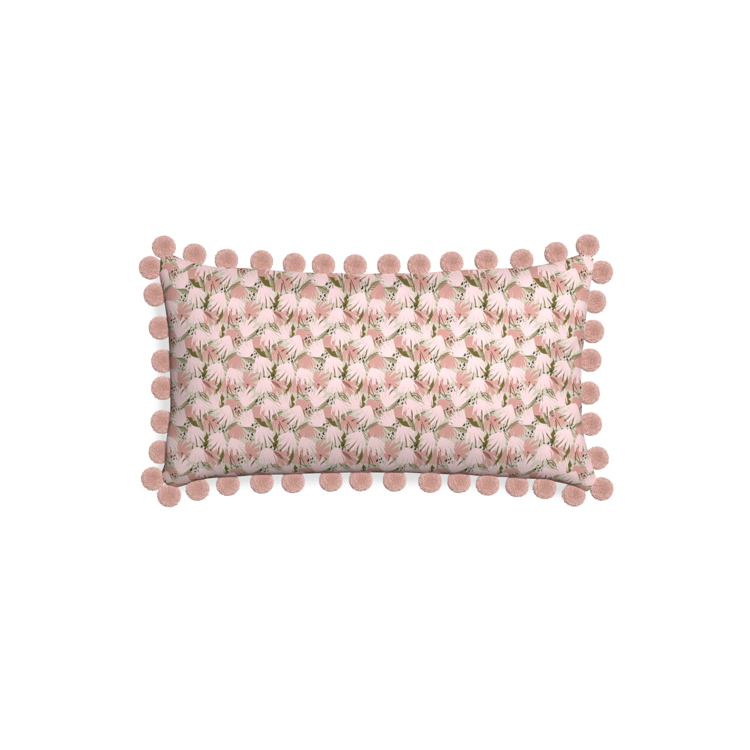 Petite-lumbar eden pink custom pink floralpillow with rose pom pom on white background