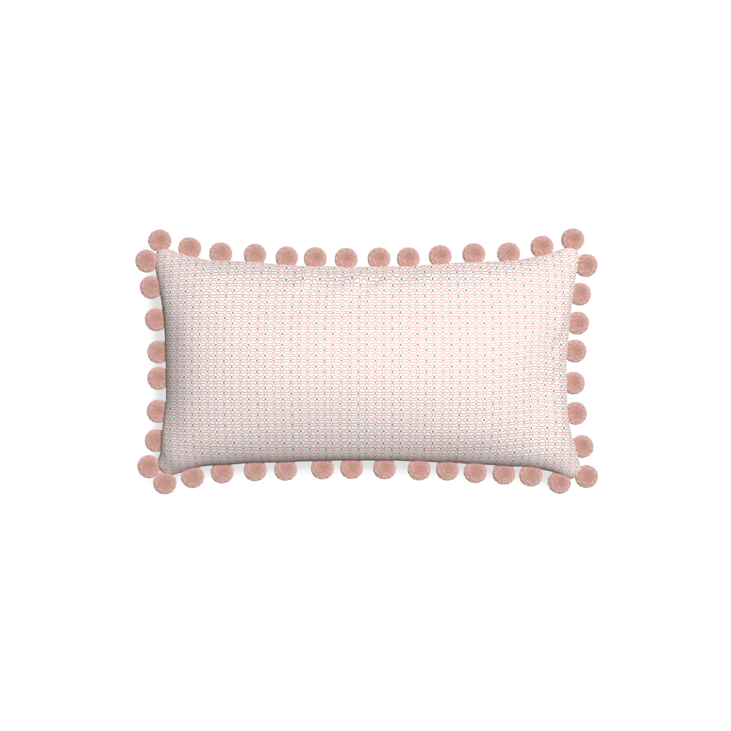 Petite-lumbar loomi pink custom pink geometricpillow with rose pom pom on white background