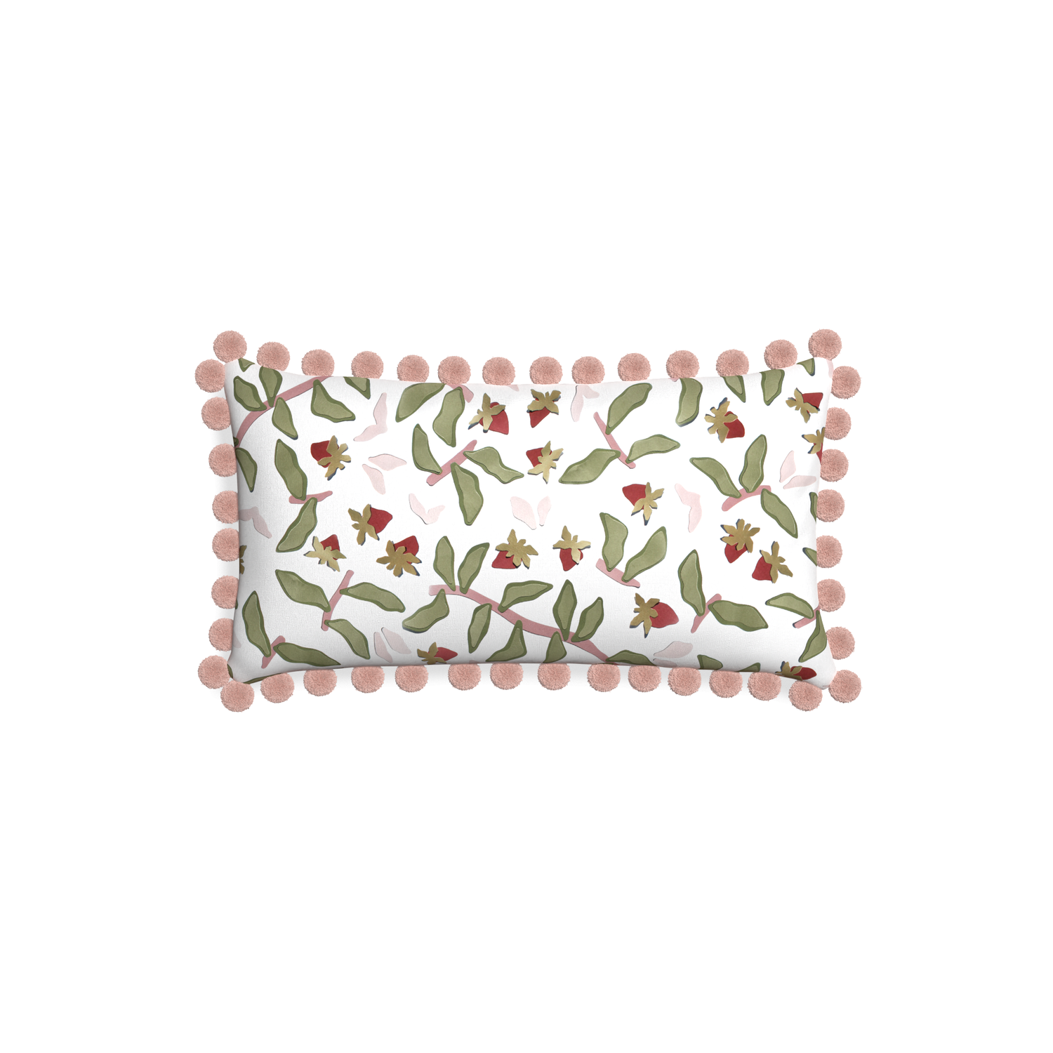 Petite-lumbar nellie custom strawberry & botanicalpillow with rose pom pom on white background