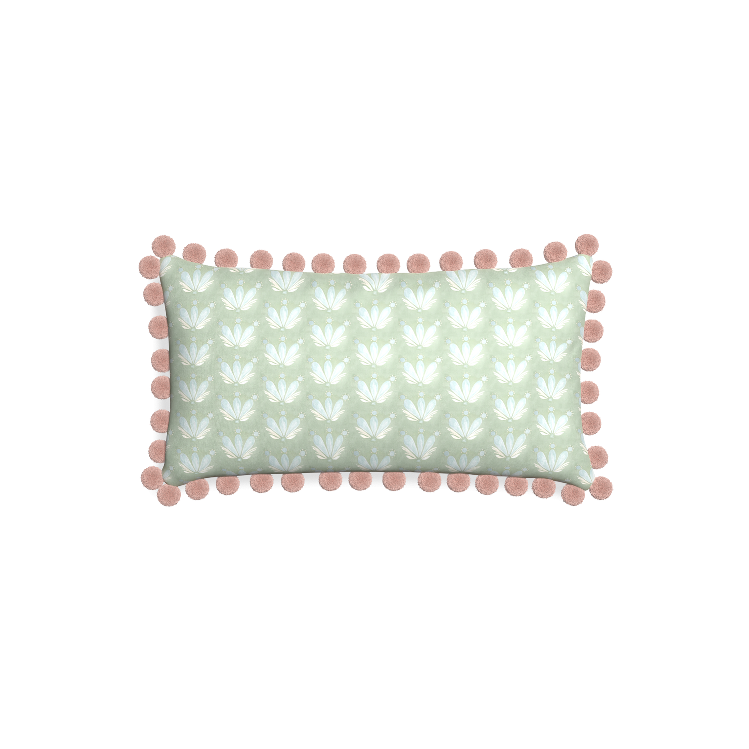 Petite-lumbar serena sea salt custom blue & green floral drop repeatpillow with rose pom pom on white background