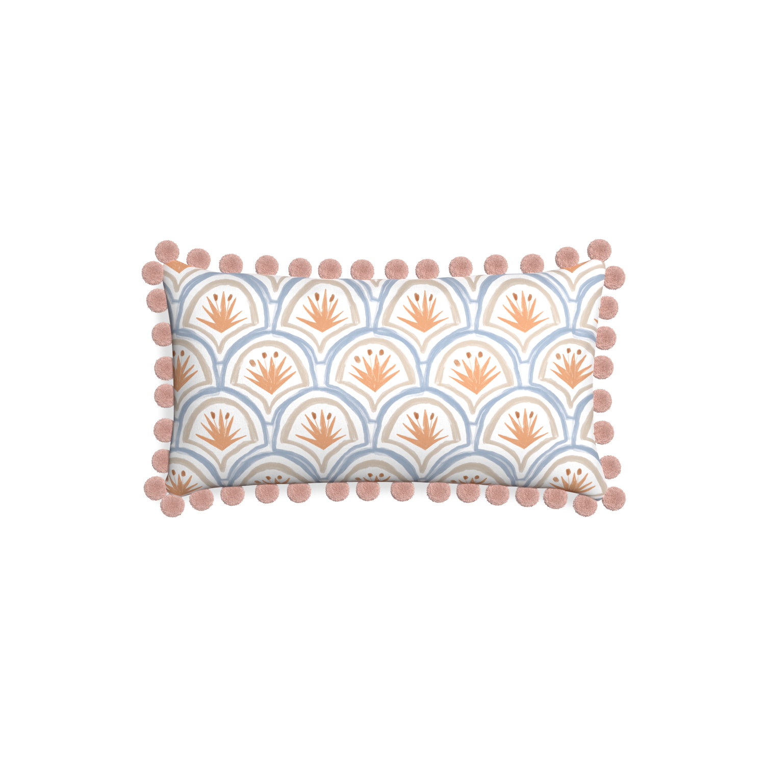 Petite-lumbar thatcher apricot custom art deco palm patternpillow with rose pom pom on white background