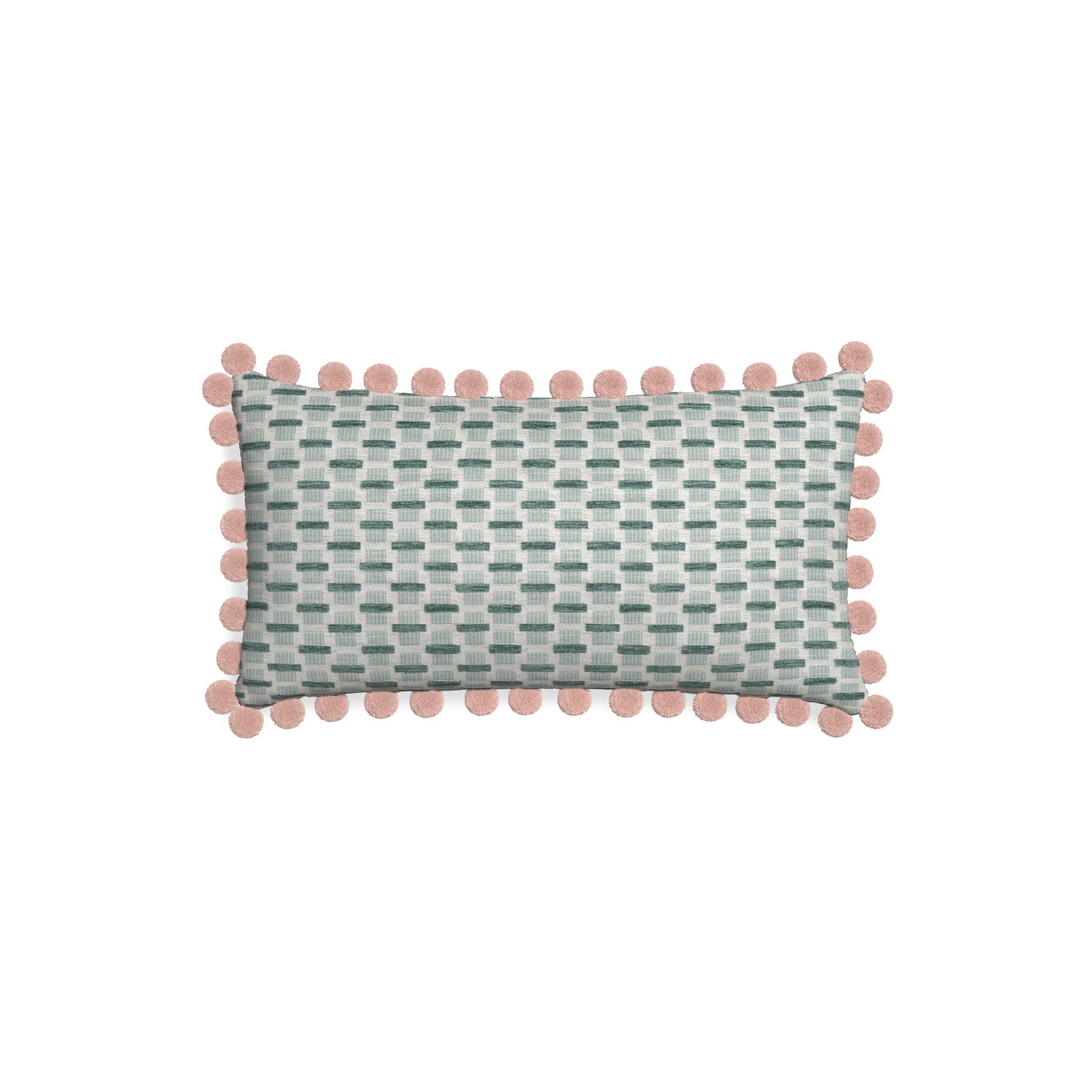 Petite-lumbar willow mint custom green geometric chenillepillow with rose pom pom on white background