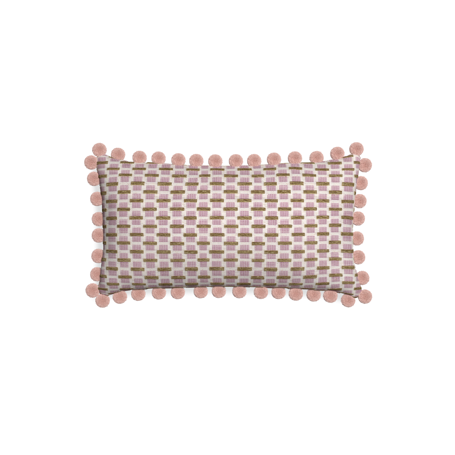 Petite-lumbar willow orchid custom pink geometric chenillepillow with rose pom pom on white background