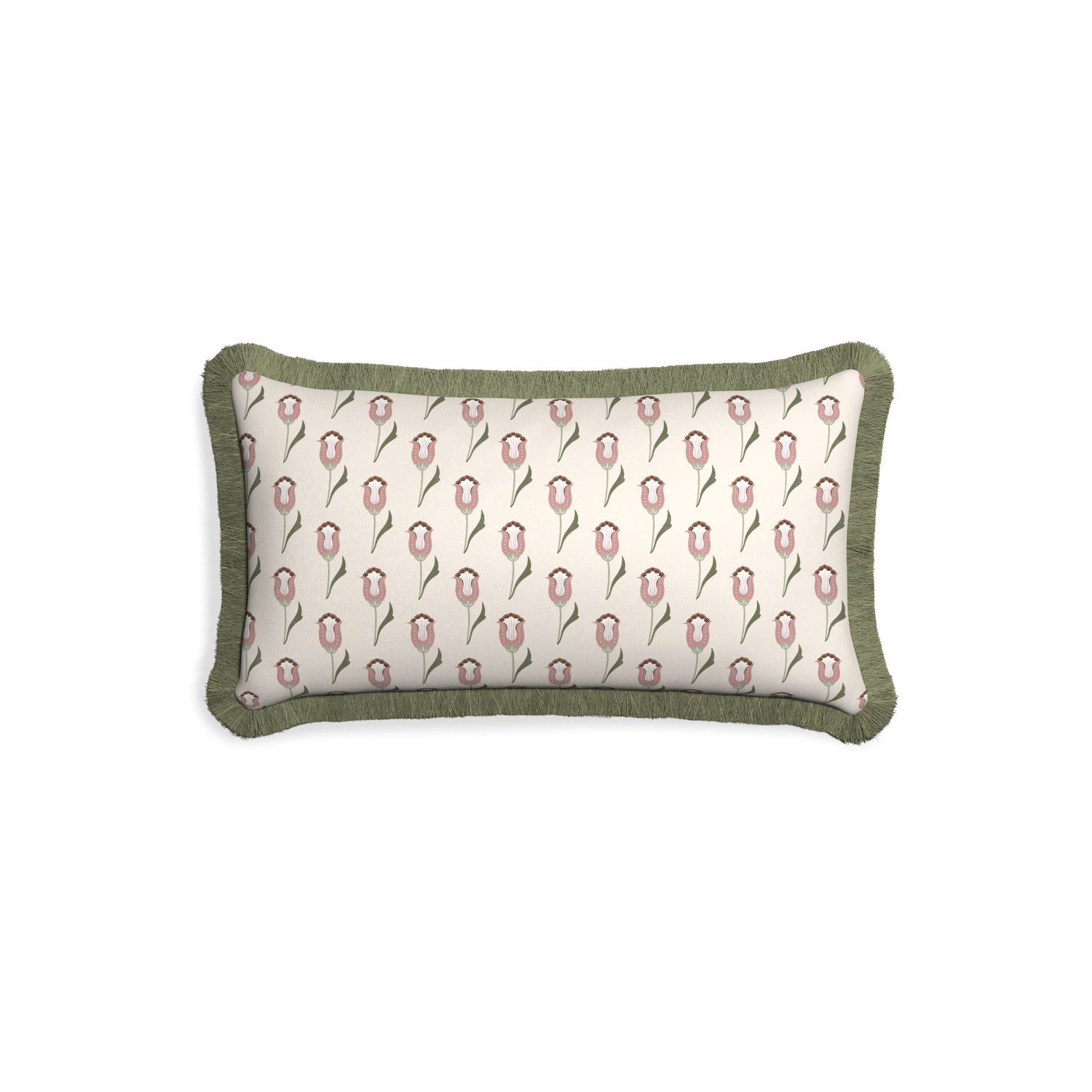 Petite-lumbar annabelle orchid custom pink tulippillow with sage fringe on white background