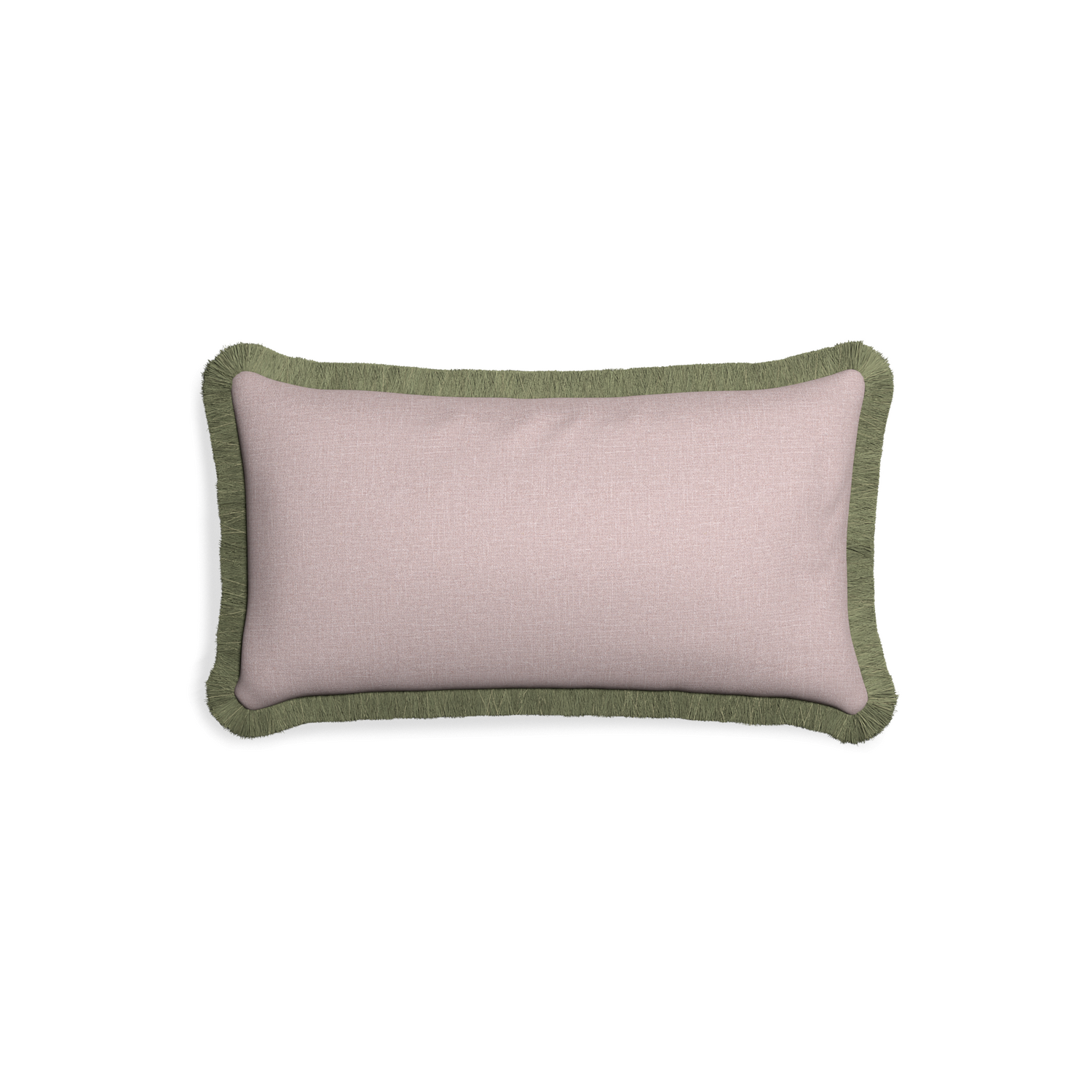 Petite-lumbar orchid custom mauve pinkpillow with sage fringe on white background
