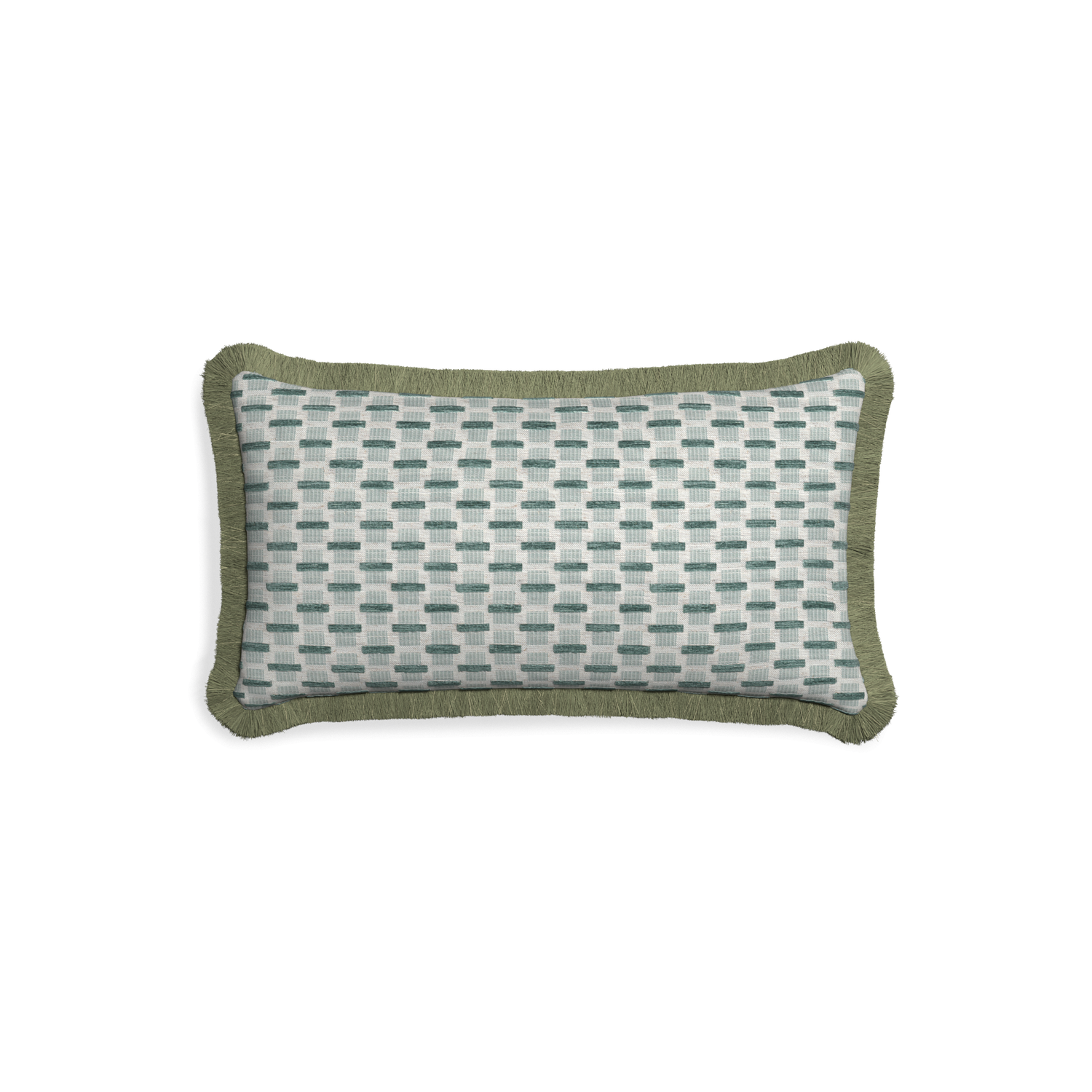 Petite-lumbar willow mint custom green geometric chenillepillow with sage fringe on white background