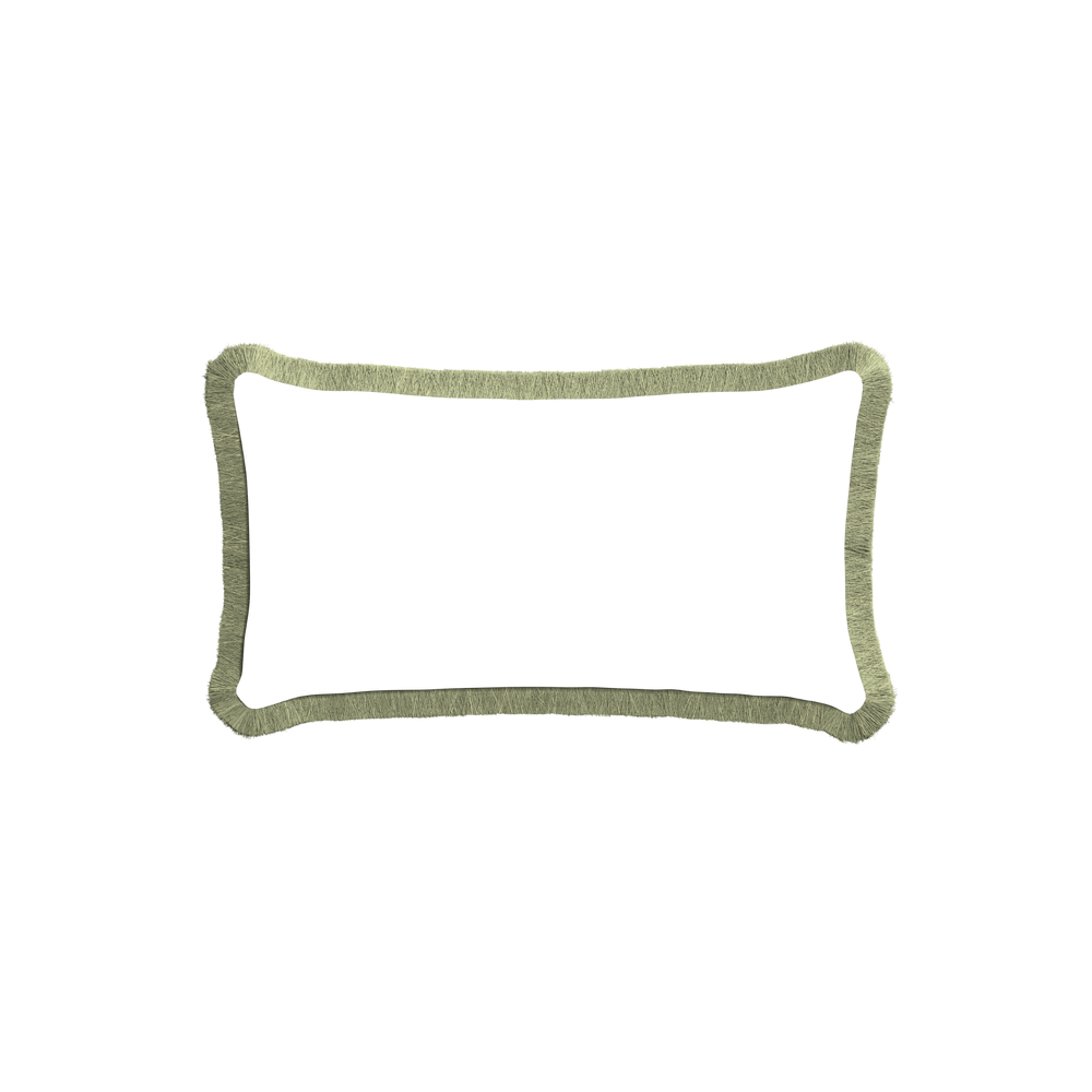 Petite-lumbar ruby moss custom pillow with sage fringe on white background