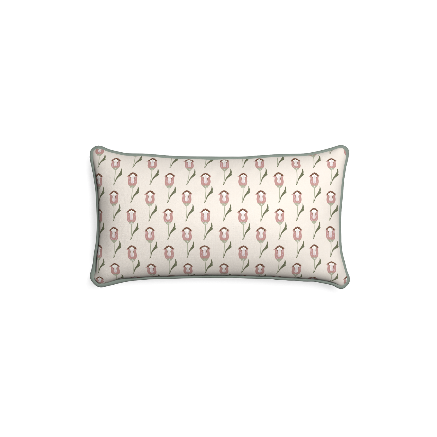 Petite-lumbar annabelle orchid custom pink tulippillow with sage piping on white background