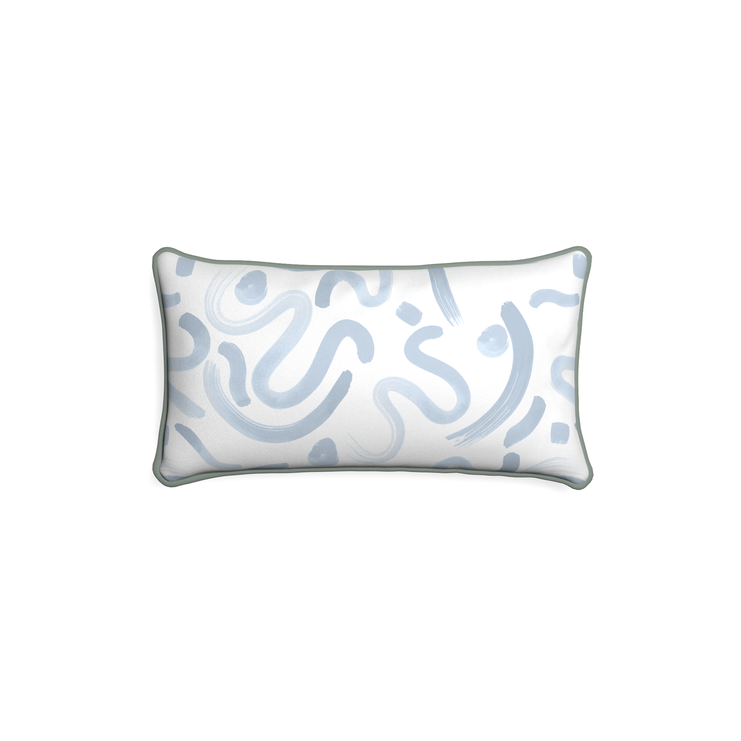 Petite-lumbar hockney sky custom abstract sky bluepillow with sage piping on white background