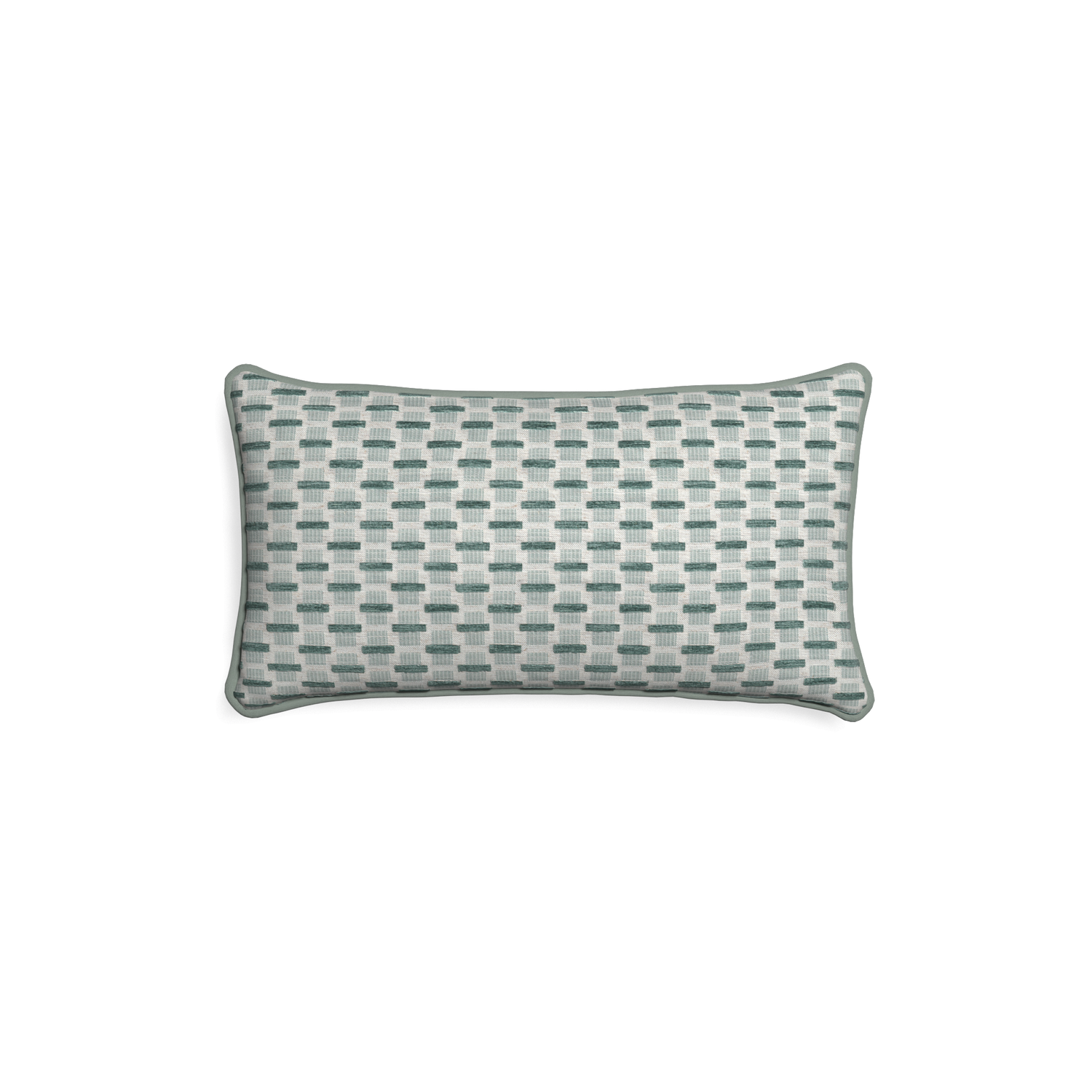 Petite-lumbar willow mint custom green geometric chenillepillow with sage piping on white background