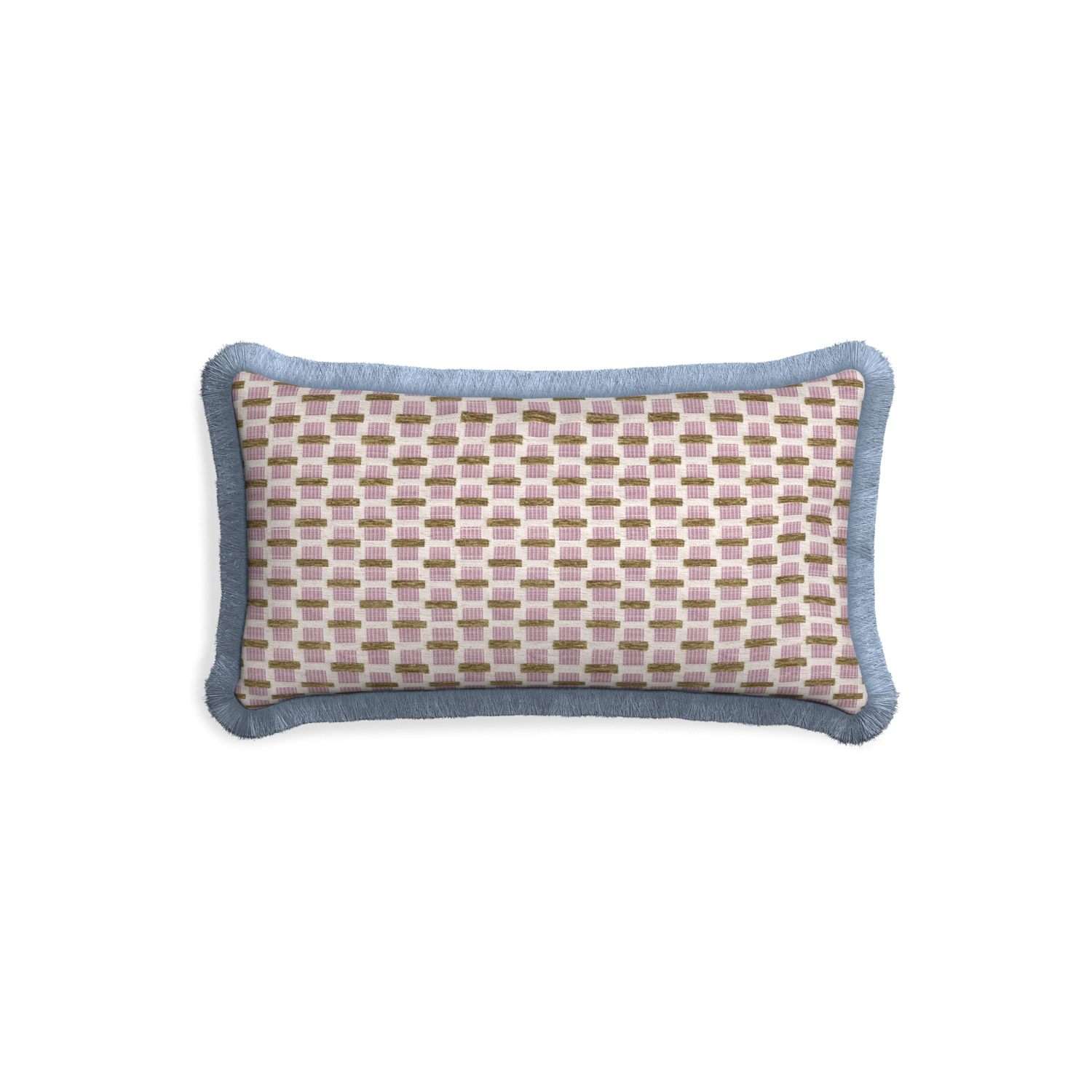 Petite-lumbar willow orchid custom pink geometric chenillepillow with sky fringe on white background