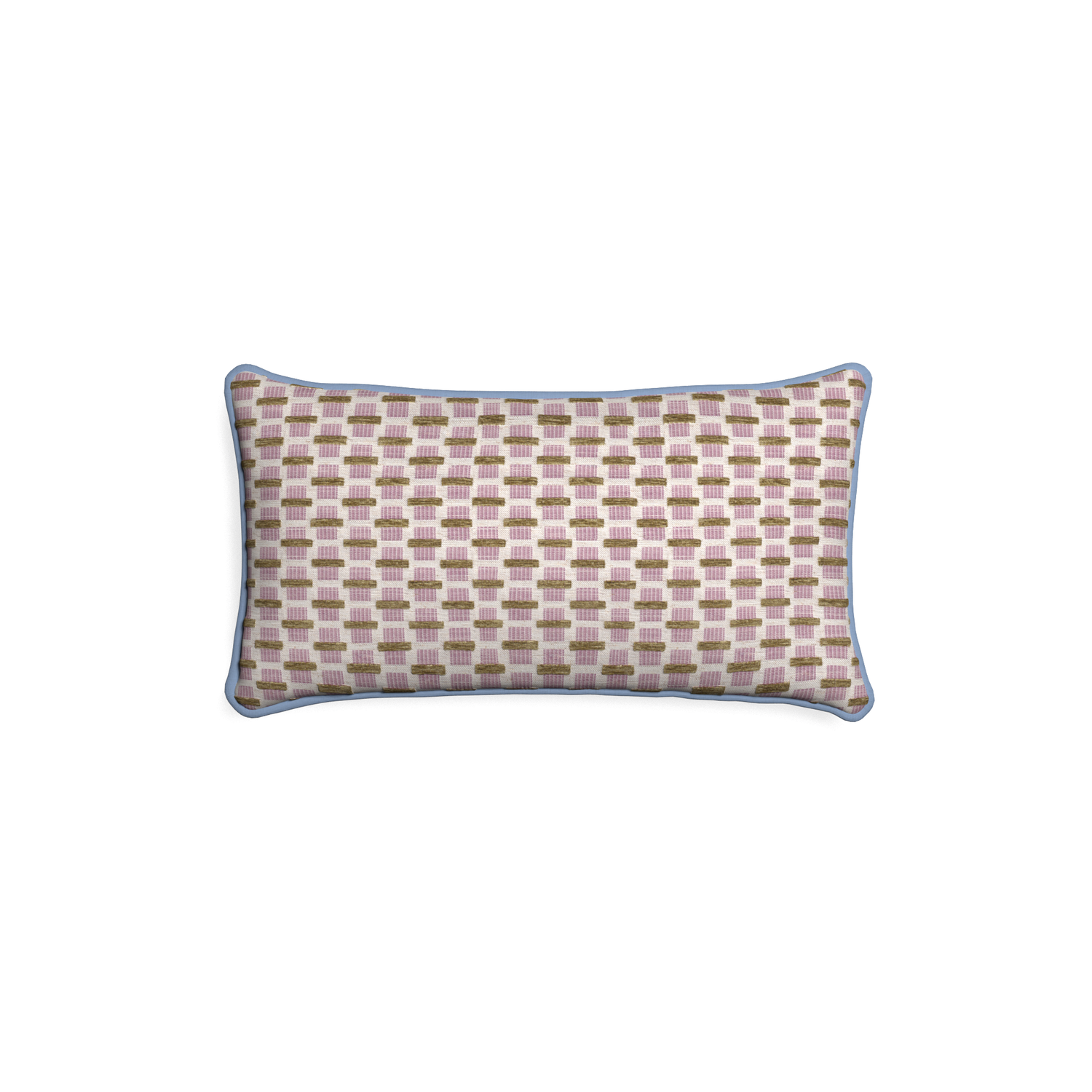 Petite-lumbar willow orchid custom pink geometric chenillepillow with sky piping on white background